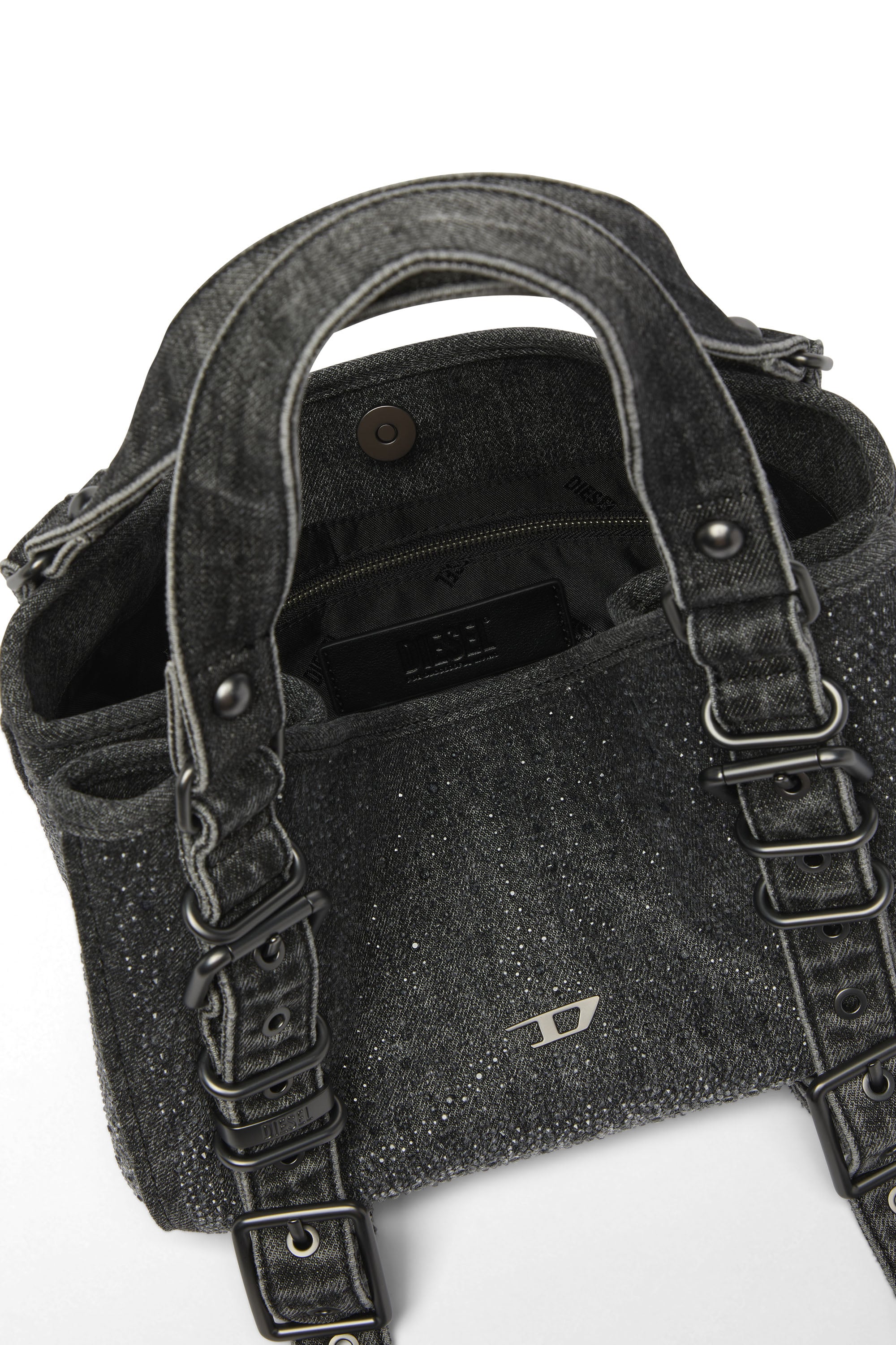 Diesel - D-ONE TOPHANDLE S, Damen D-One-Small Henkeltasche aus solarisiertem Denim mit Kristallen in Schwarz - 4
