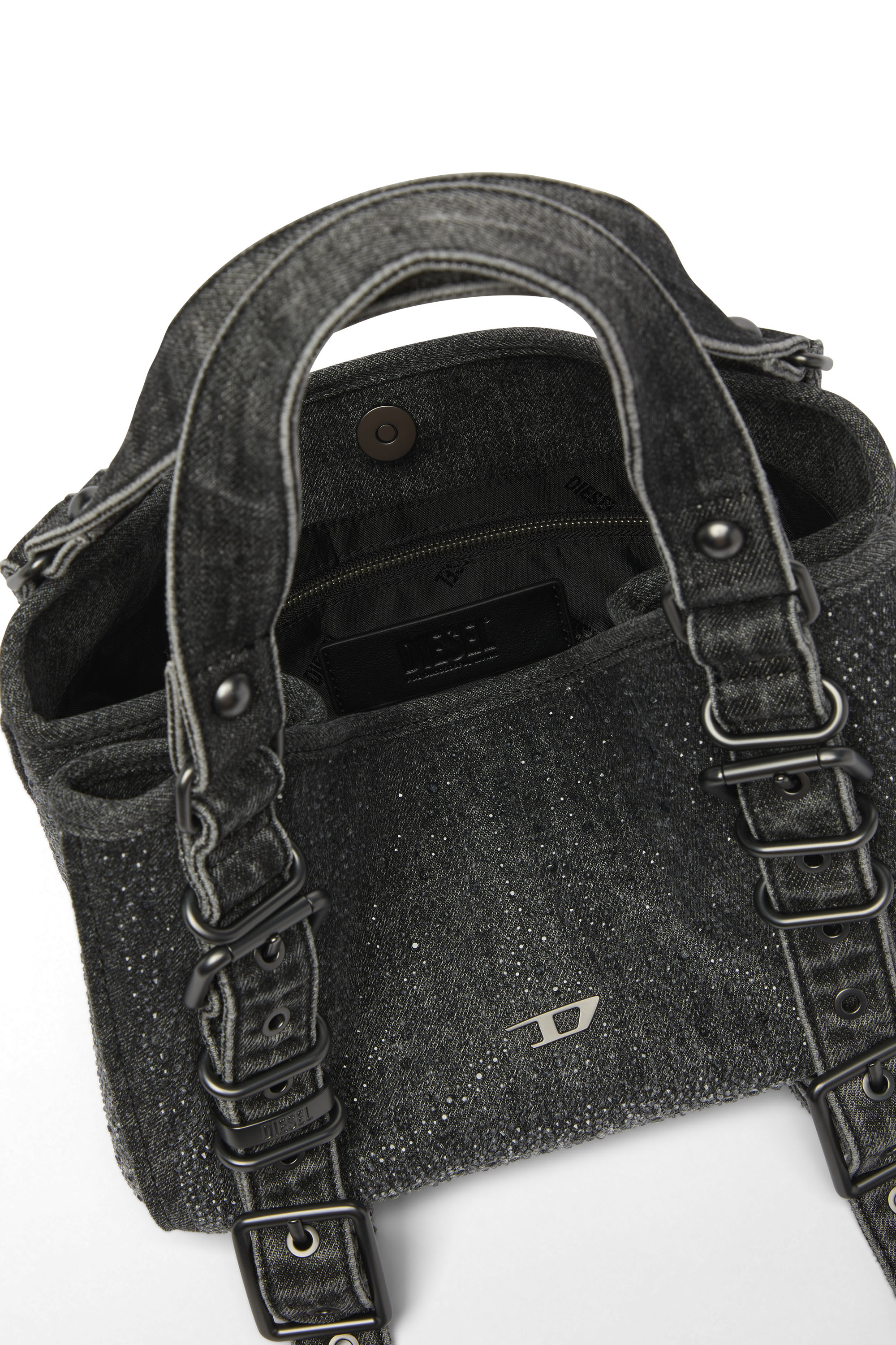 Diesel - D-ONE TOPHANDLE S, Damen D-One-Small Henkeltasche aus solarisiertem Denim mit Kristallen in Schwarz - 3