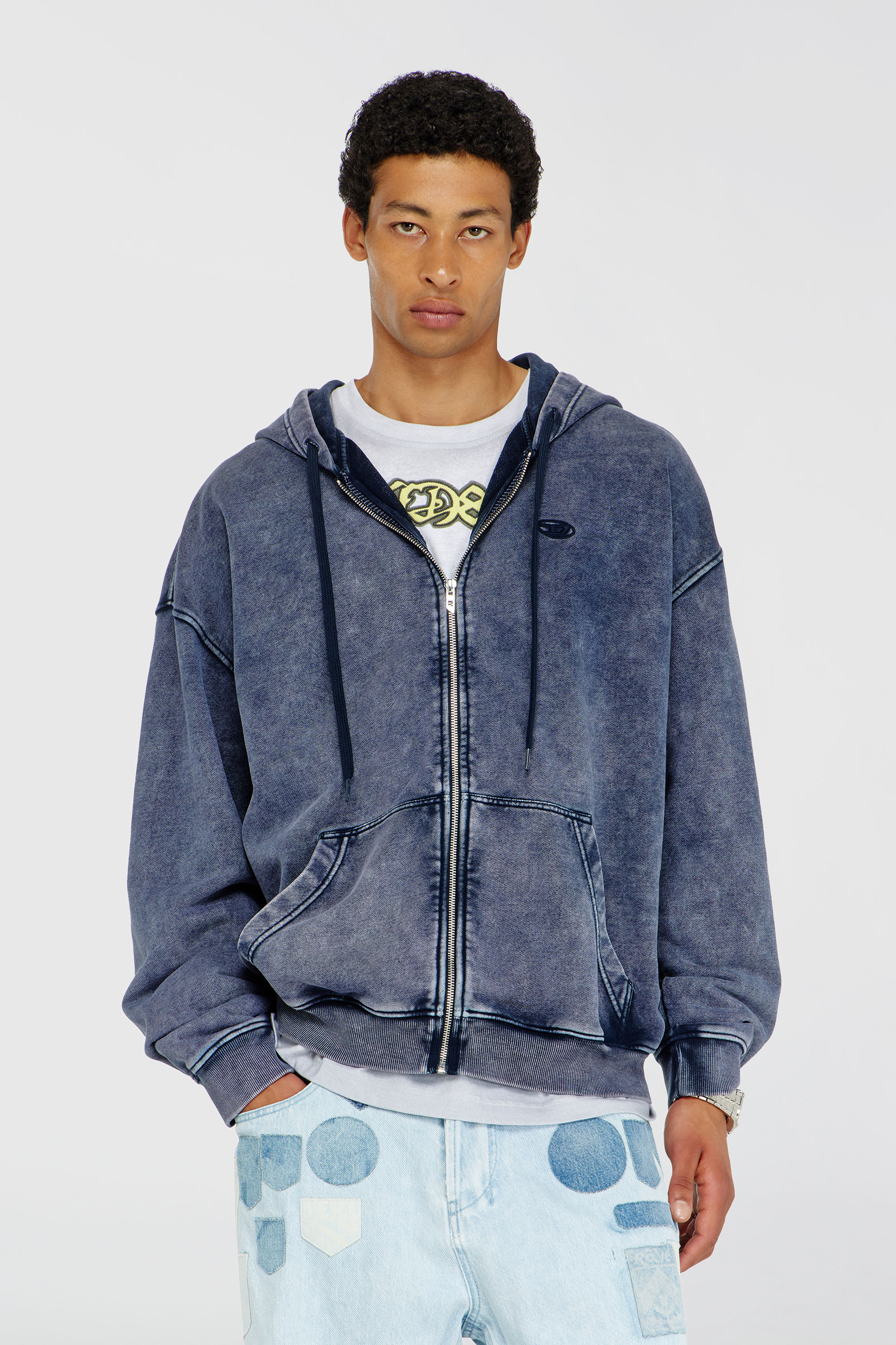 Diesel - S-BOXT-HOOD-ZIP-DEN, Herren Rei&szlig;verschluss-Hoodie aus behandeltem Baumwollfleece in Blau - 1