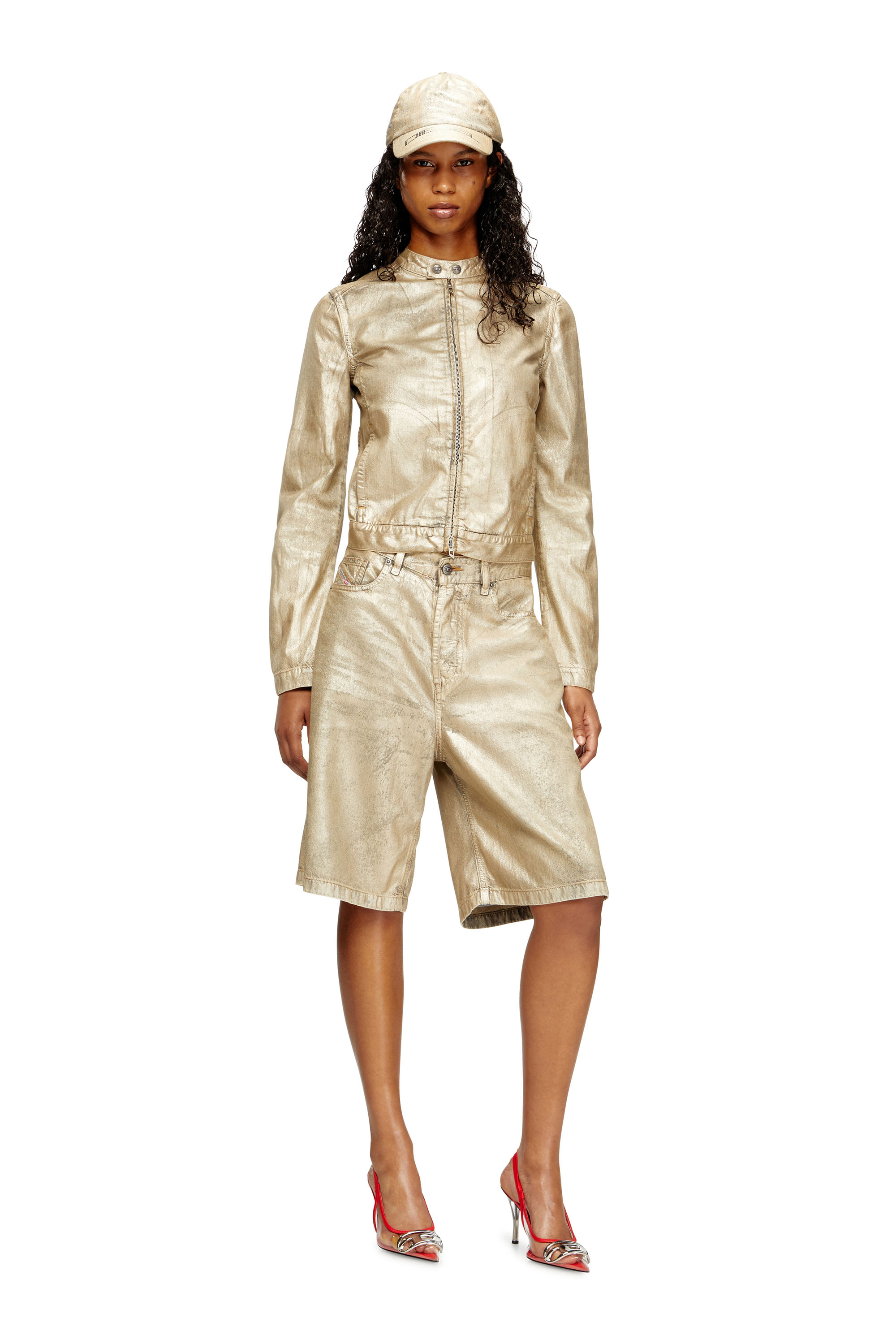 Diesel - DE-MORNIN-KG, Damen Bikerjacke aus distressed Metallic-Denim in Gold - 1