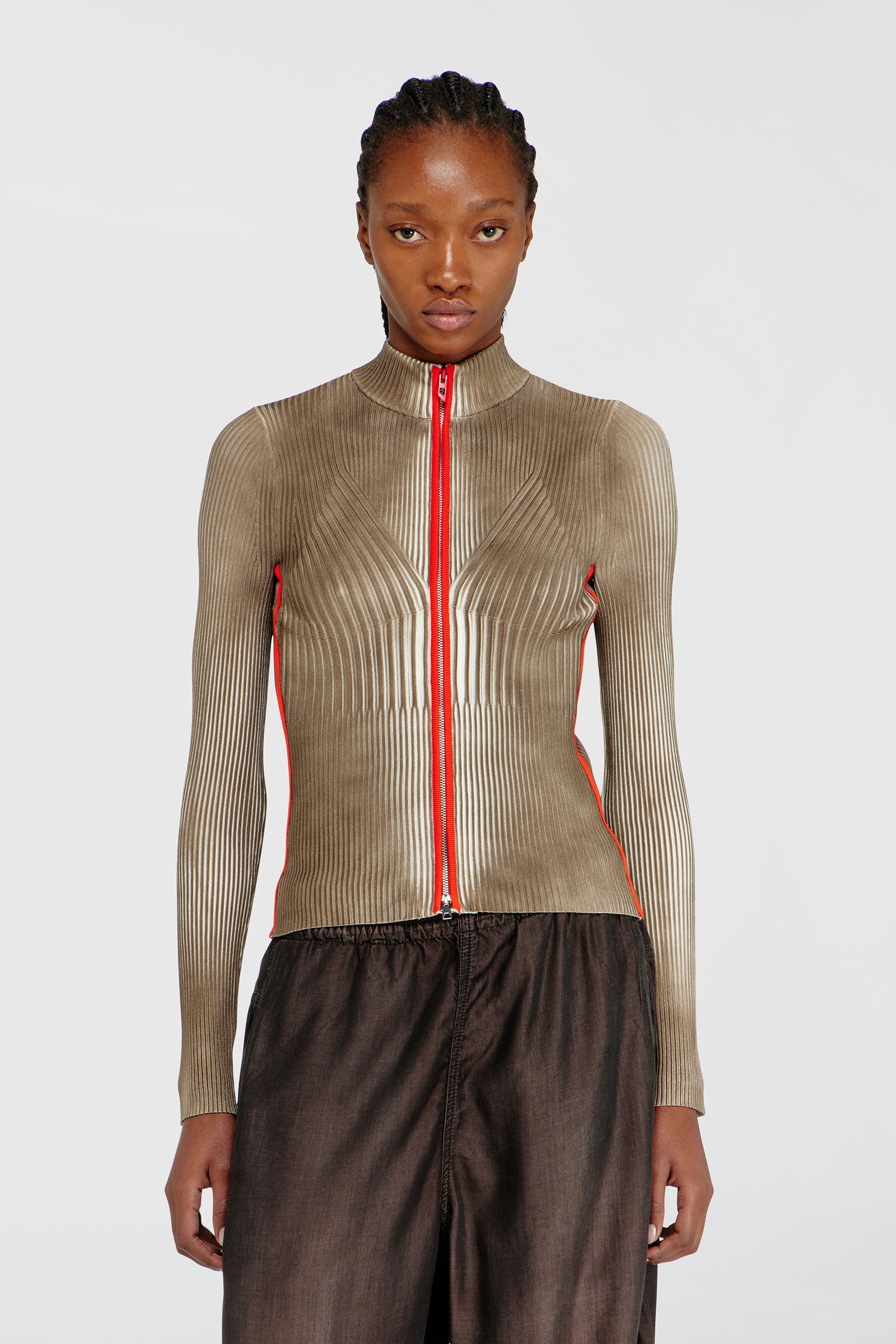 Diesel - M-SARMA, Damen Gerippte zip-Strickjacke mit kontrastierenden Streifen in Rot/Braun - 1