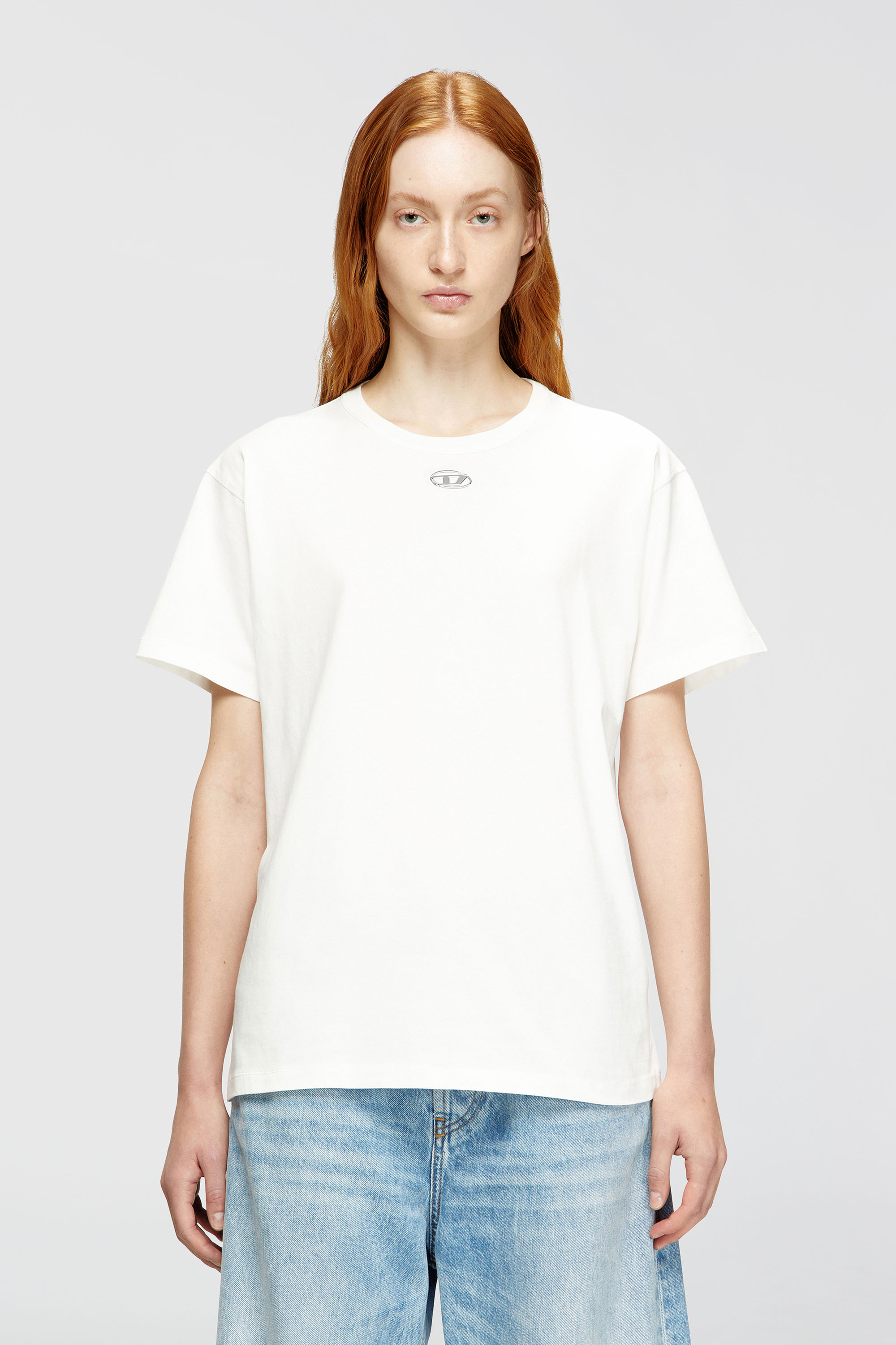 Diesel - T-NORMY-OD-S1, Damen Baumwoll-T-Shirt mit metallischem Oval D in Wei&szlig; - 3