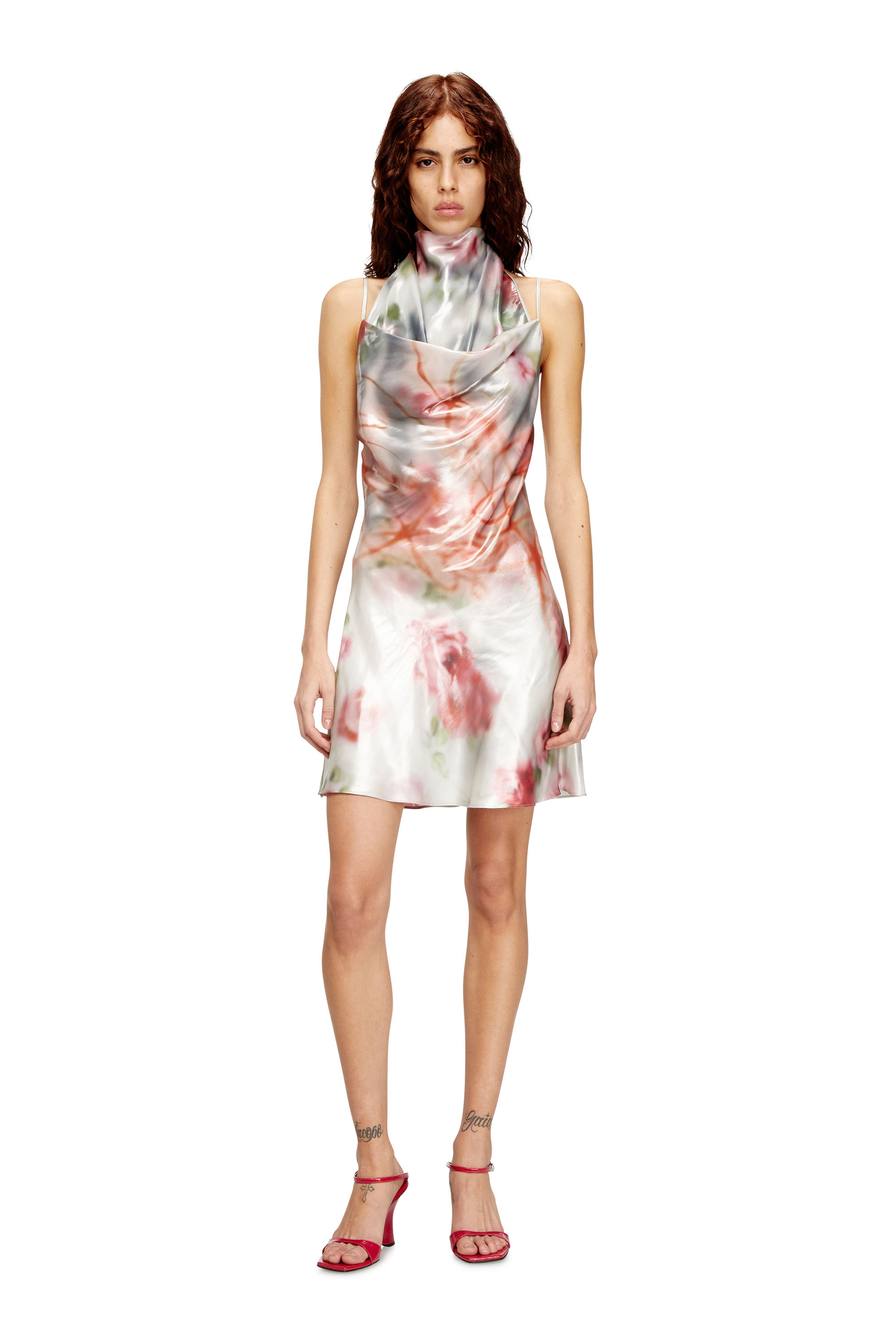 Diesel - D-EBRA-SHORT, Damen Metallisches kurzes Kleid mit verschwommenem Rosenmuster in Bunt - 2