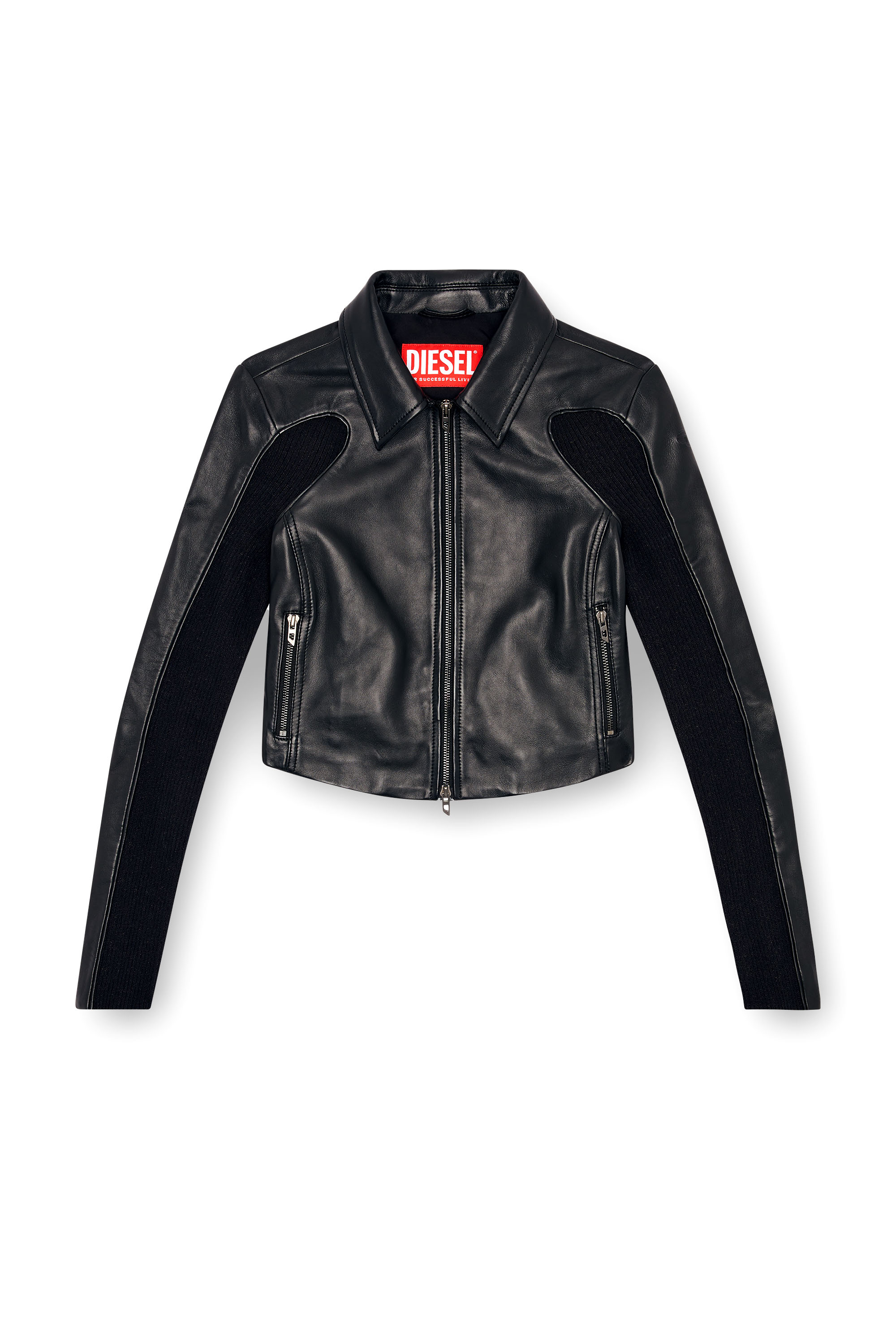 L-TOTEM-P1, Black Diesel - L-TOTEM-P1, Woman's Cropped leather jacket with knit inserts in Black - 2