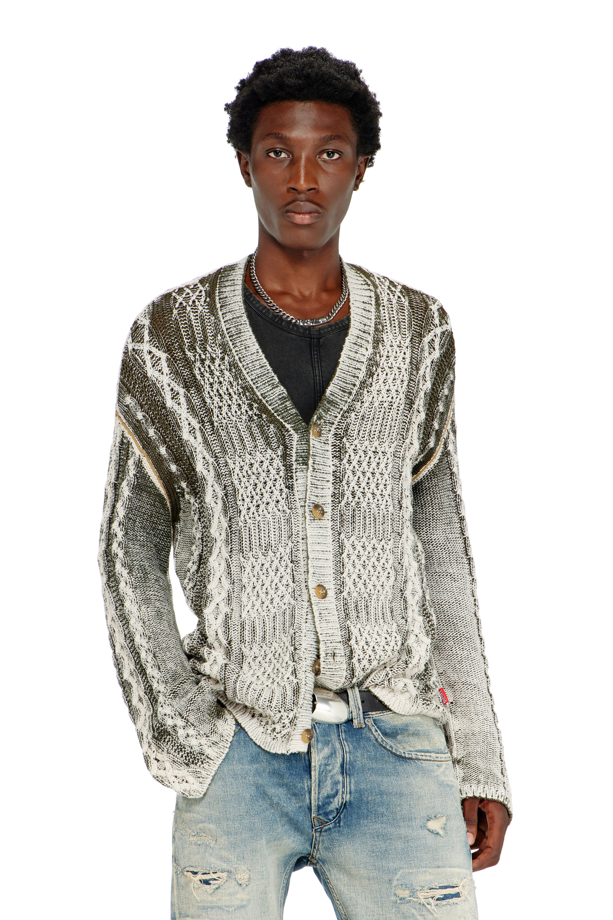 Diesel - K-MIOTO, Herren Behandelter Cardigan aus Zopfmusterstrick in Weiss/Grau - 1