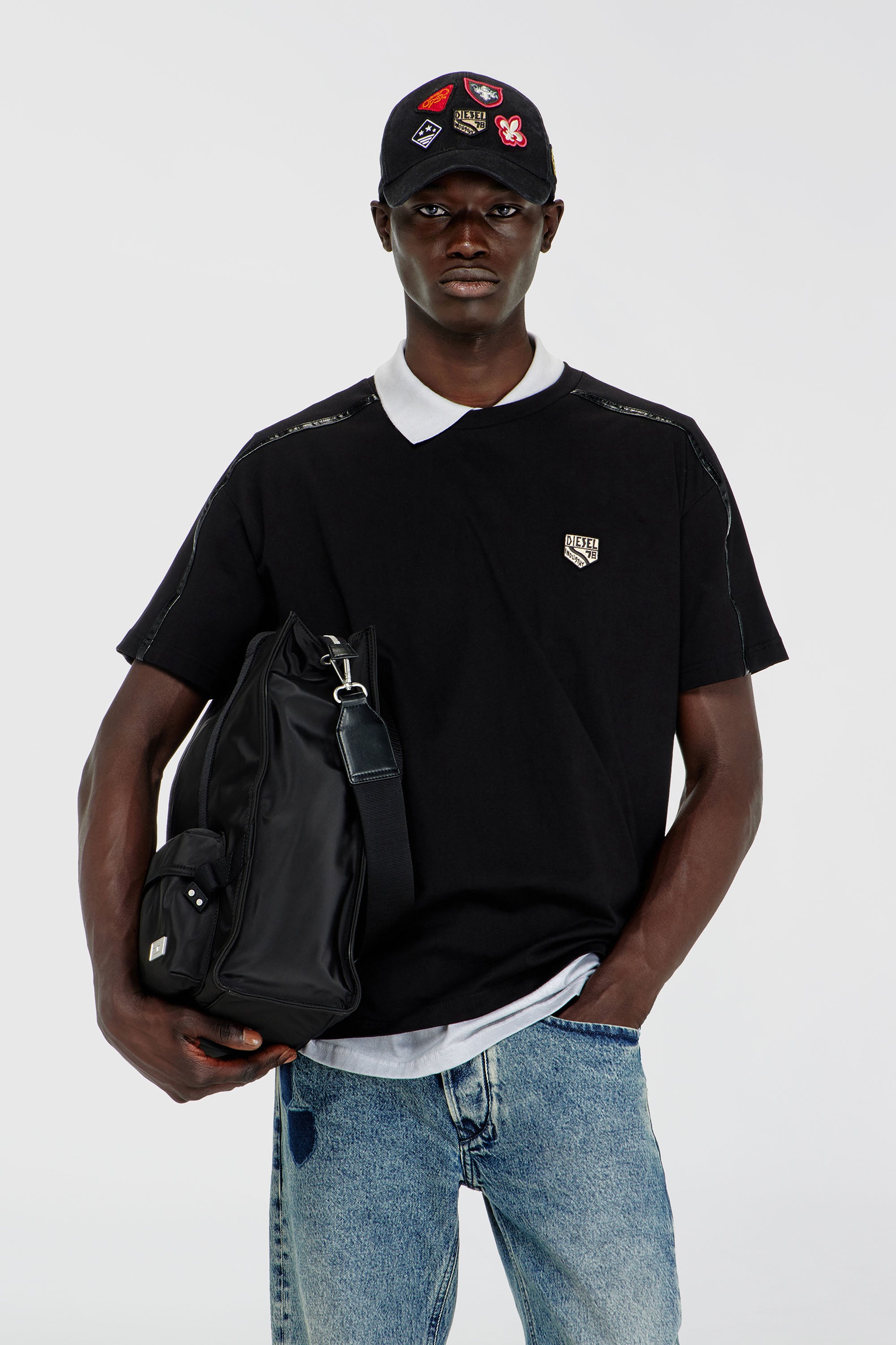 Diesel - T-NORM-FL, Man's T-shirt with contrast trims and logo patch in Black - 1