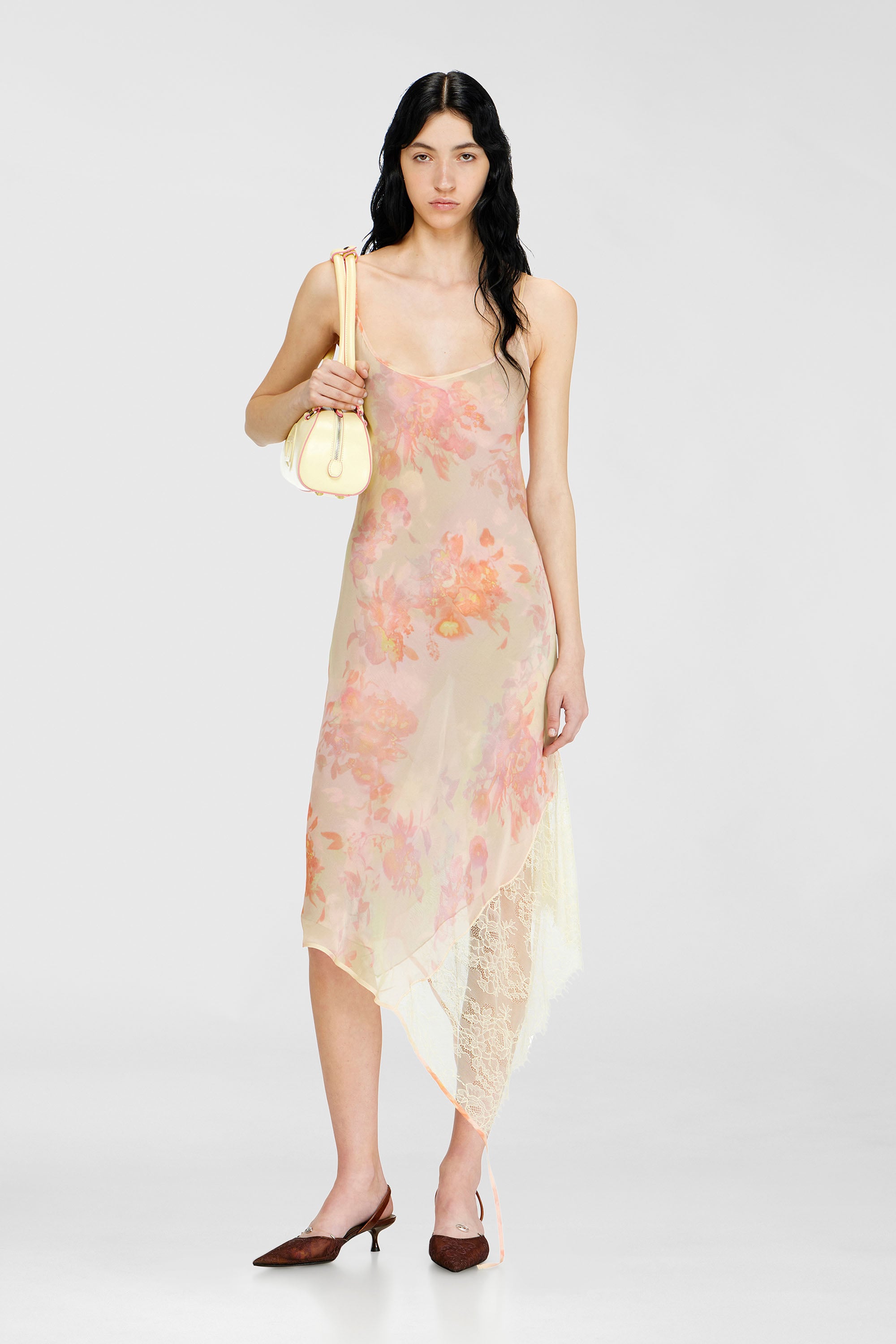 Diesel - D-ANCEL, Damen Midikleid aus Satin mit Blumenmuster und Spitzenbesatz in Rosa/Gelb - 2