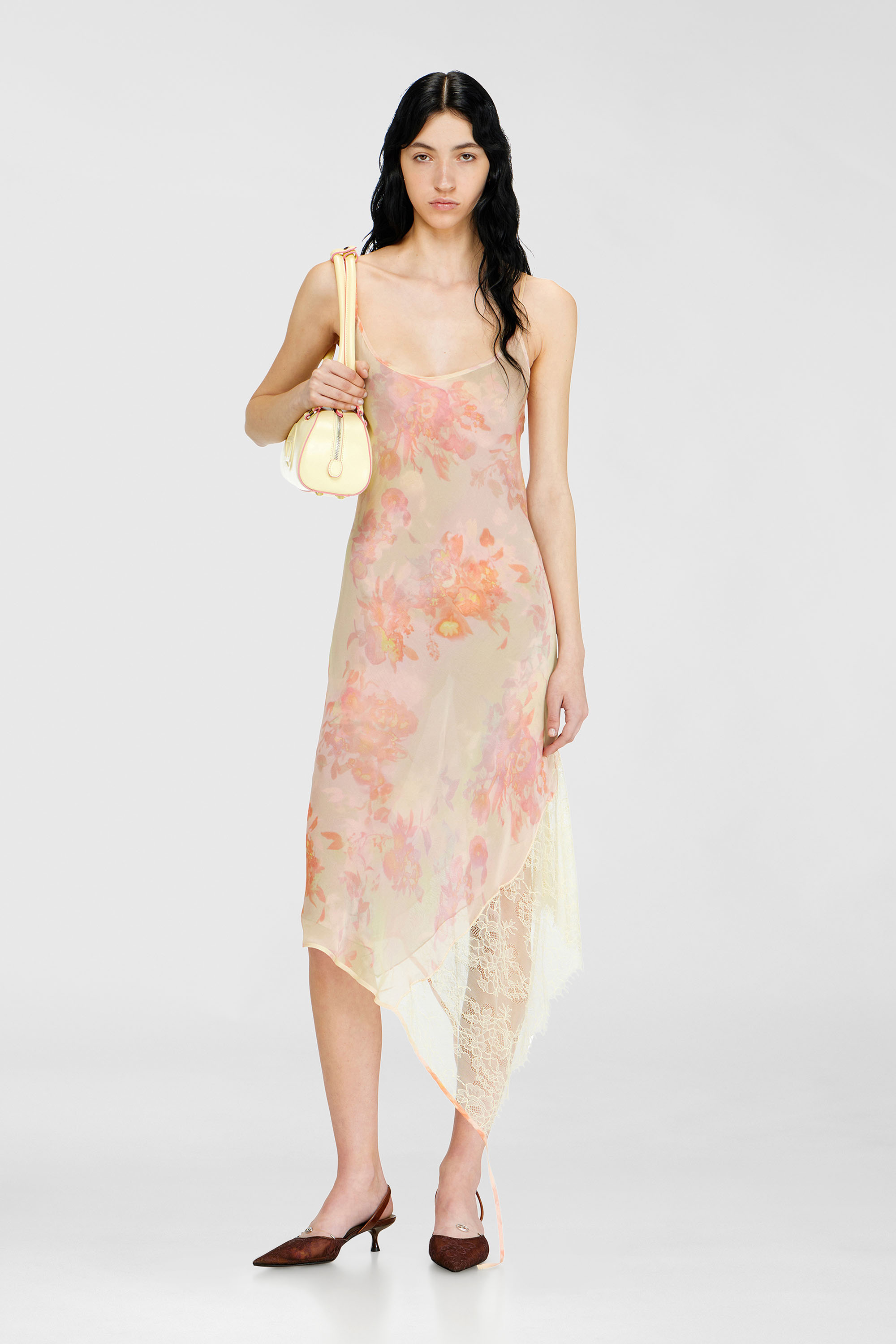 Diesel - D-ANCEL, Damen Midikleid aus Satin mit Blumenmuster und Spitzenbesatz in Rosa/Gelb - 1