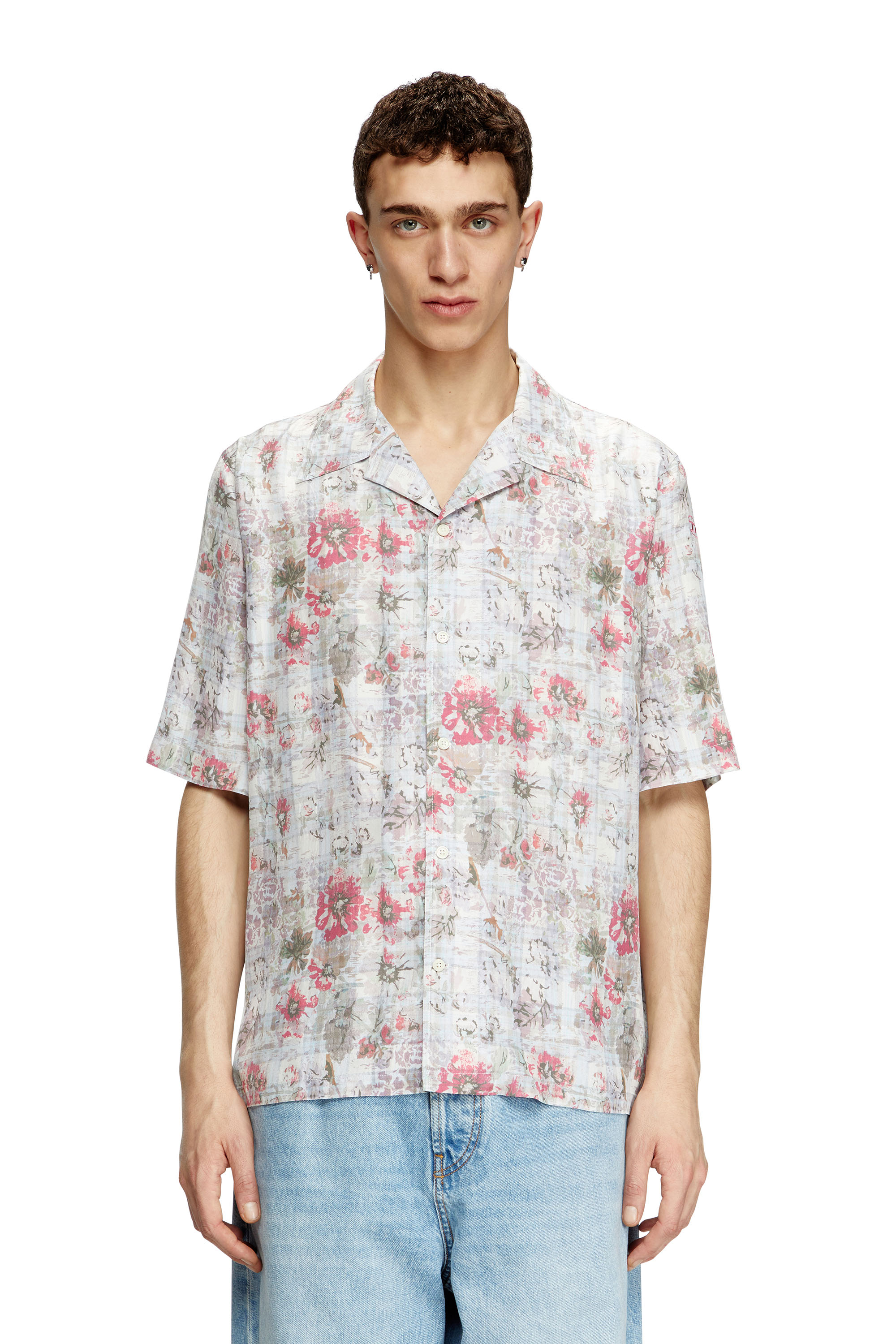 Diesel - S-LEYS, Herren Bowling-Hemd mit floralem Print in Blau/Rosa - 1