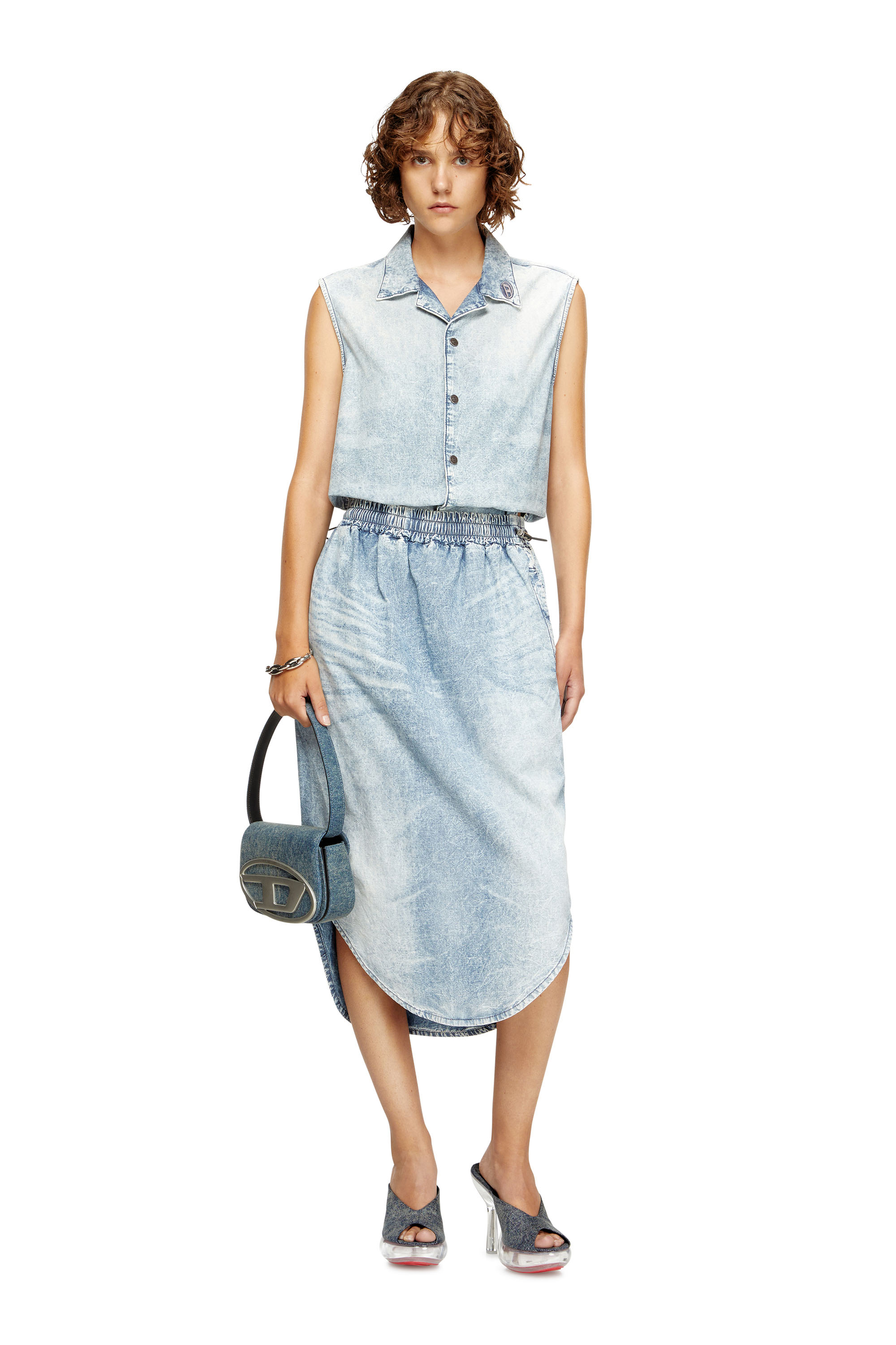 Diesel - DE-ASHLEY-S, Damen Midirock aus marmoriertem Denim in Hellblau - 2