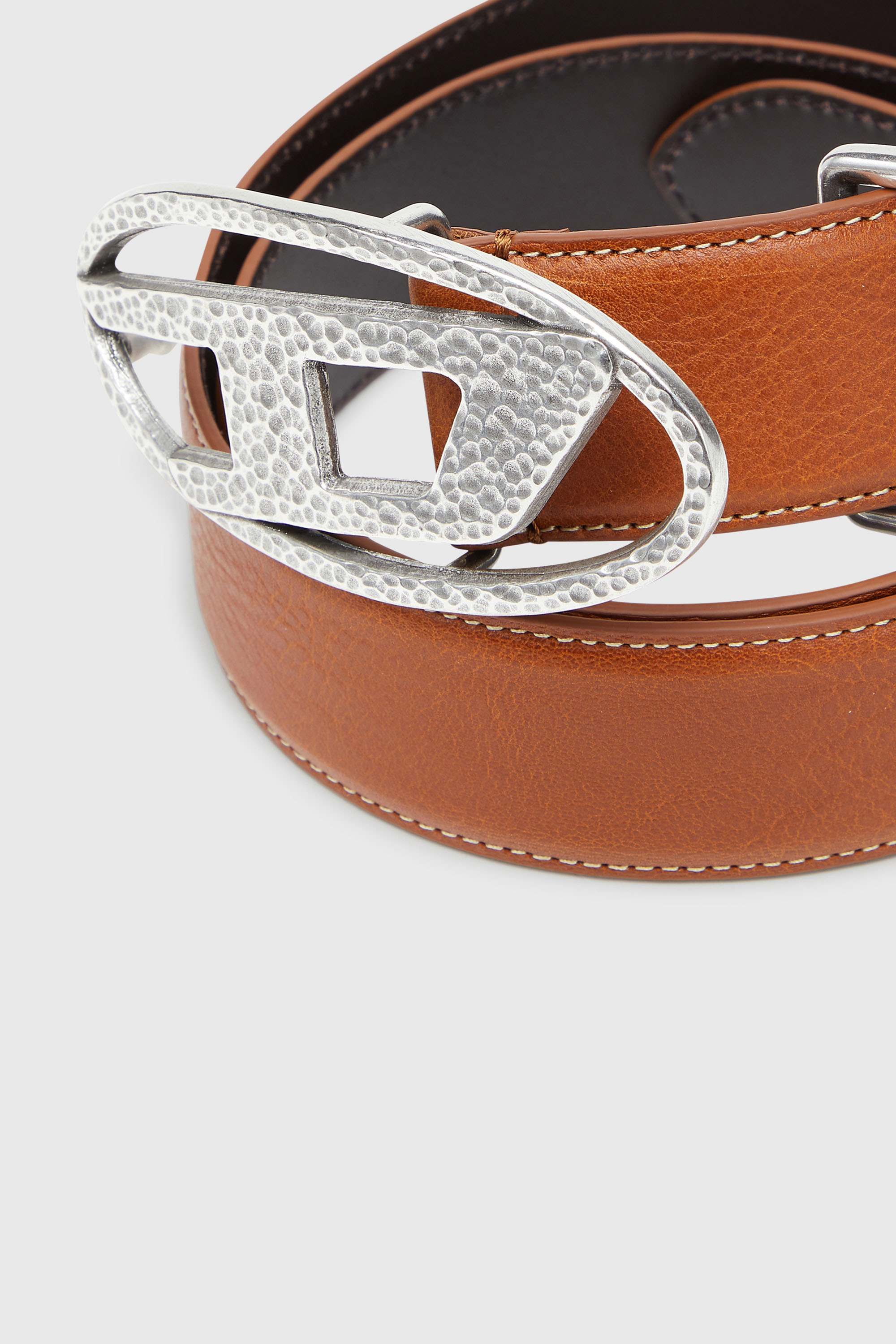 Diesel - B-1DR, Unisex 4 cm Lederg&uuml;rtel mit geh&auml;mmerter Oval D-Schlie&szlig;e in Braun - 3