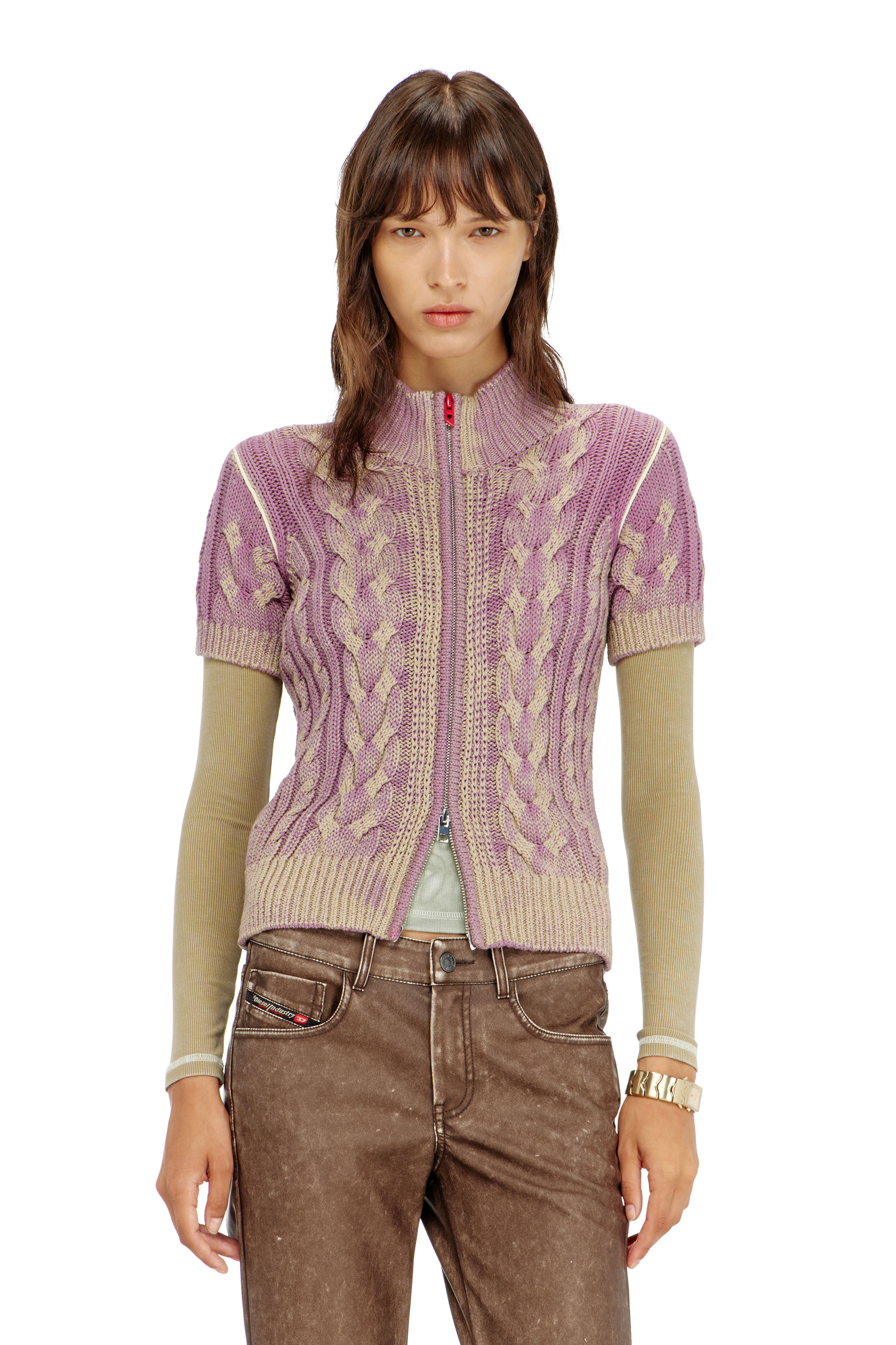 Diesel - M-ELANA, Damen Kurzarm-zip-cardigan im Zopfmuster in Beige/Violett - 1