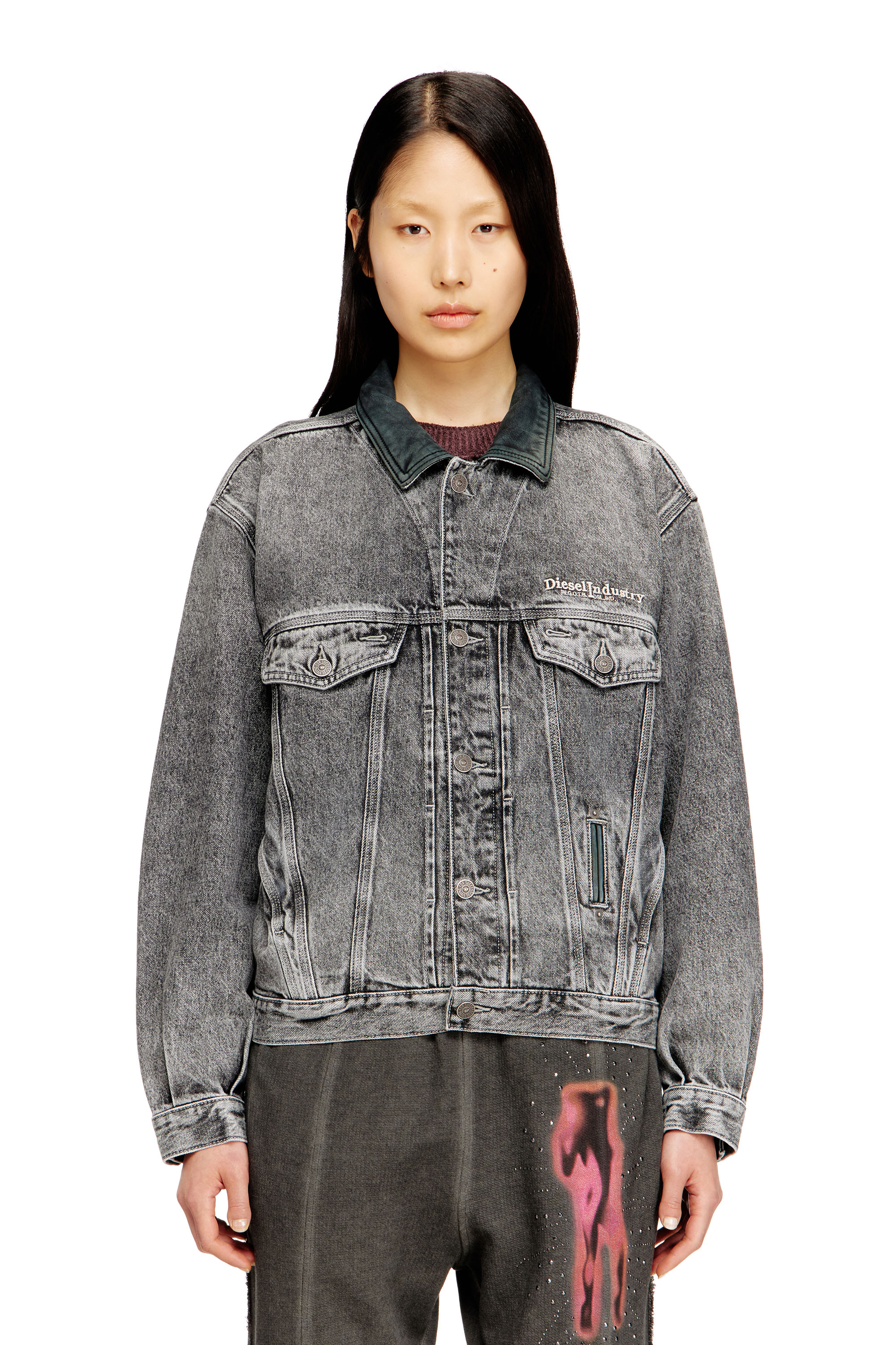 Diesel - D-DENVER-S, Unisex Denim-Truckerjacke mit tonalen Lederbesätzen in null - 1