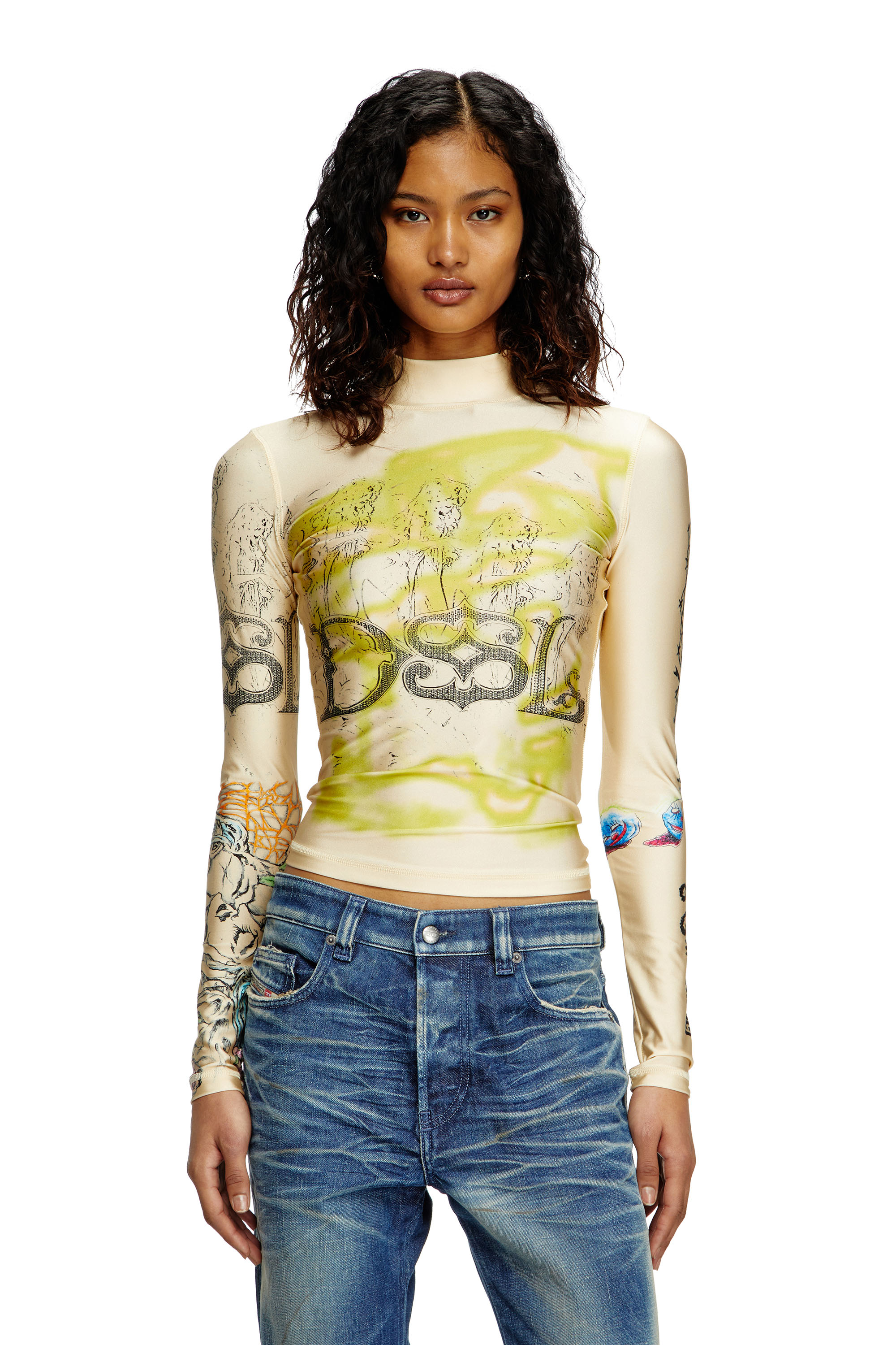 Diesel - T-IMUN, Damen Rollkragentop mit Tattoo-Print in Beige - 1