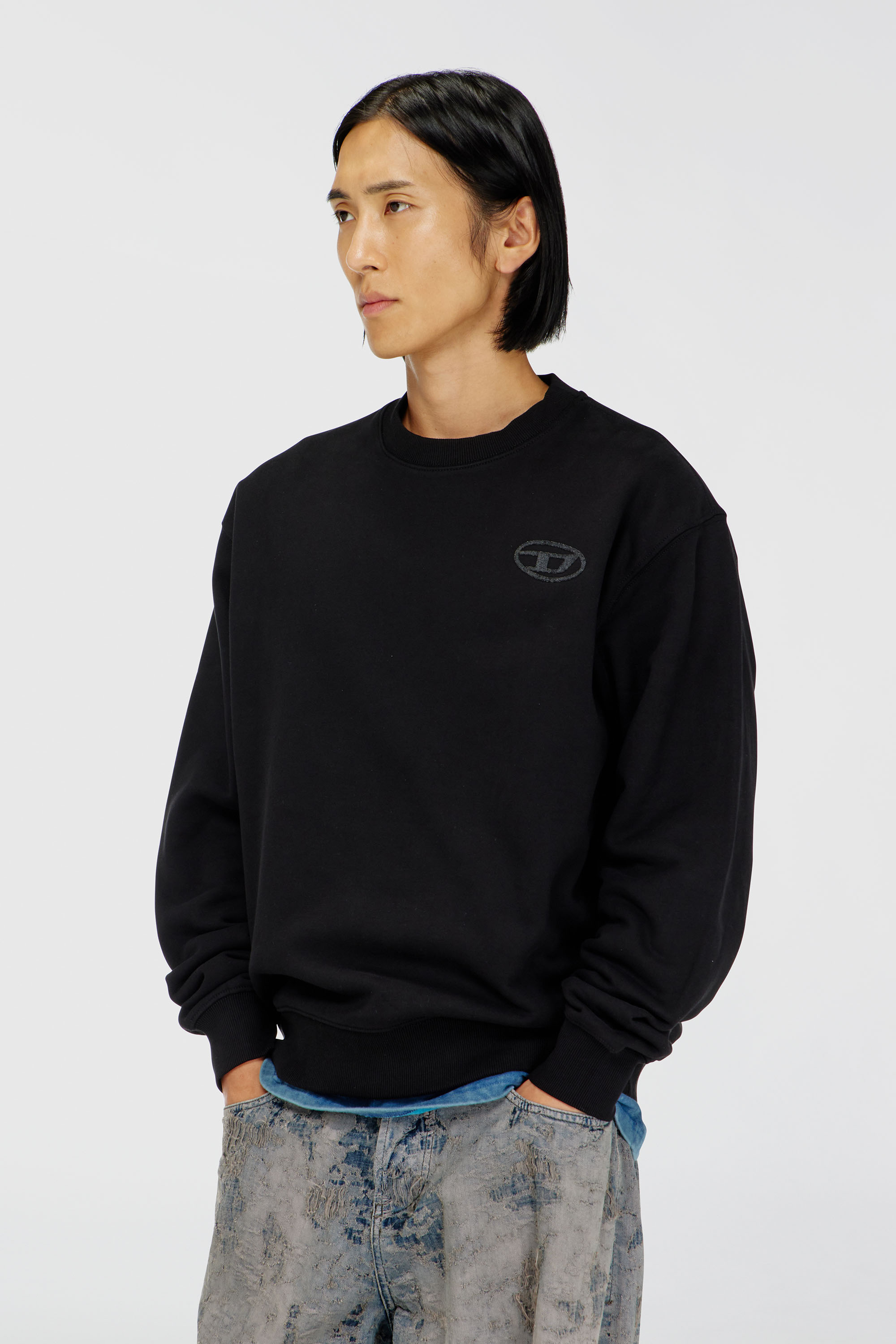 Diesel - S-LUK-R-T92, Herren Pullover aus Baumwolle mit tonalem Oval D Logo-Stickerei in Schwarz - 1