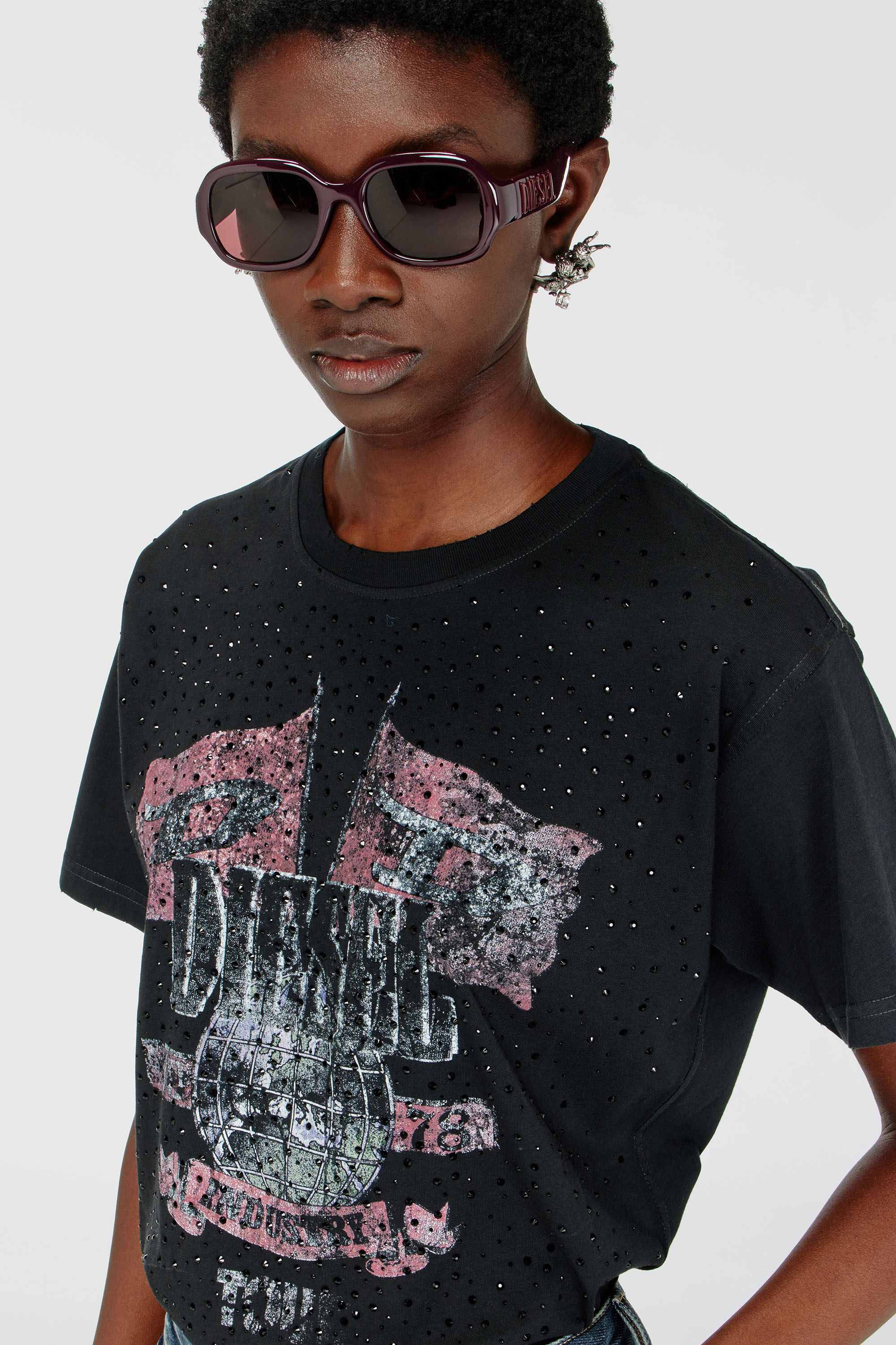 Diesel - T-MARLY, Damen T-Shirt mit Konzertgrafik und Kristallen in null - 5