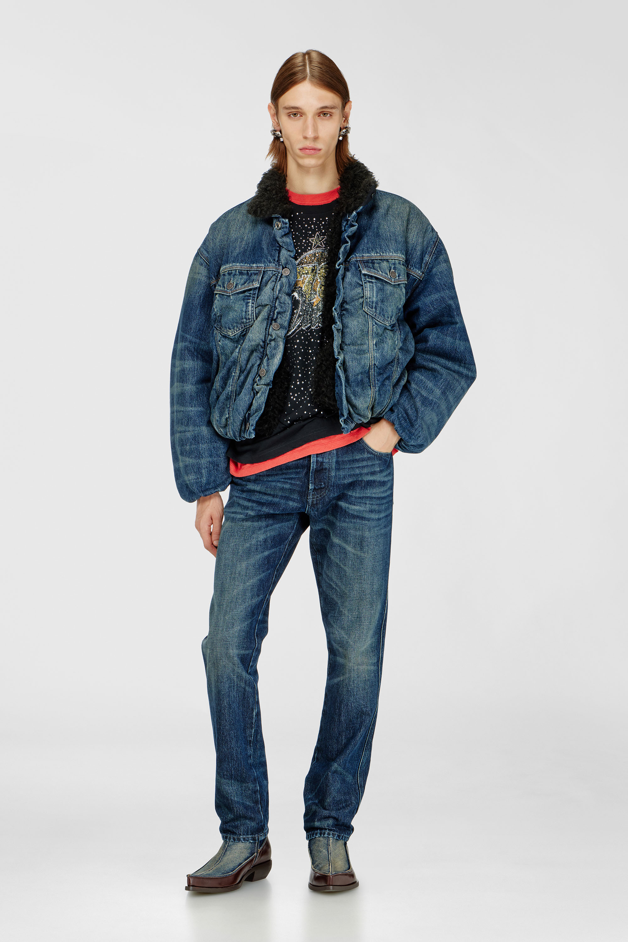 Diesel - D-CURLY-FSJ1, Unisex Truckerjacke aus Denim mit Teddyfutter in Mittelblau - 2