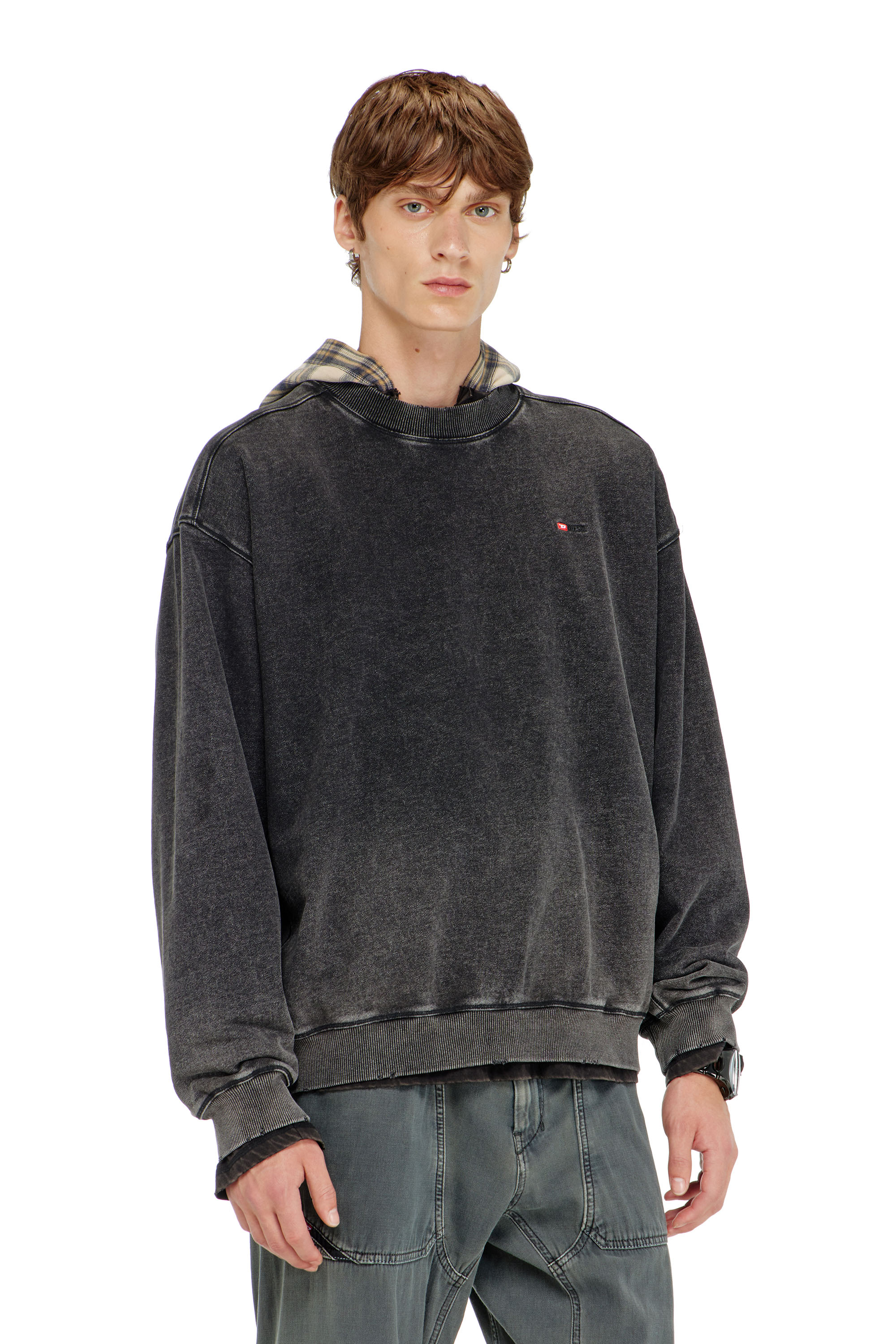 Diesel - S-CROX, Herren Sweatshirt aus Baumwolle mit verwaschenem Effekt in Dunkelgrau - 1