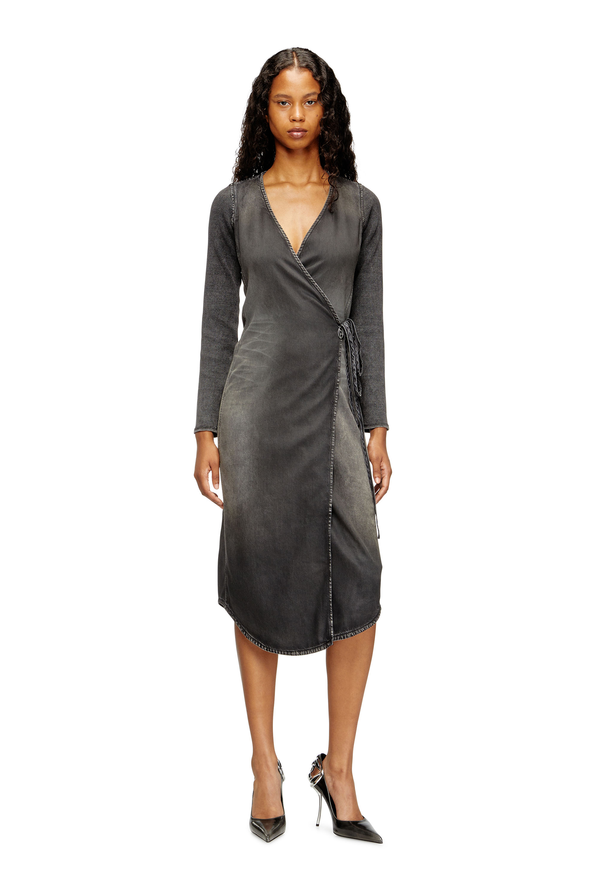 Diesel - DE-OLA-S, Damen Midikleid aus Denim mit V-Ausschnitt in Schwarz/Dunkelgrau - 2