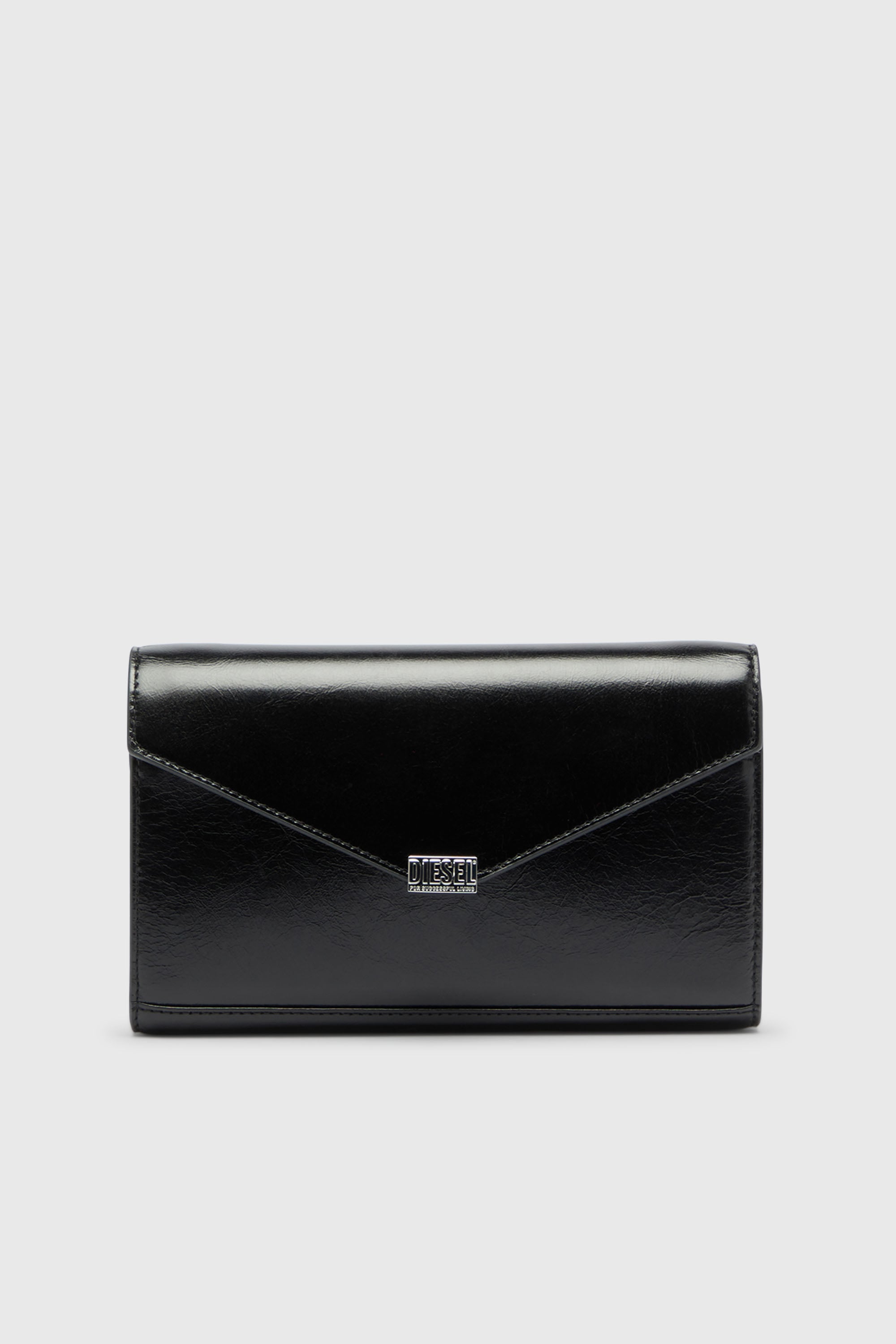 Diesel - D-ENVELOP WALLET ON CHAIN, Damen Geldb&ouml;rse aus gl&auml;nzendem, geknittertem Leder in Schwarz - 1