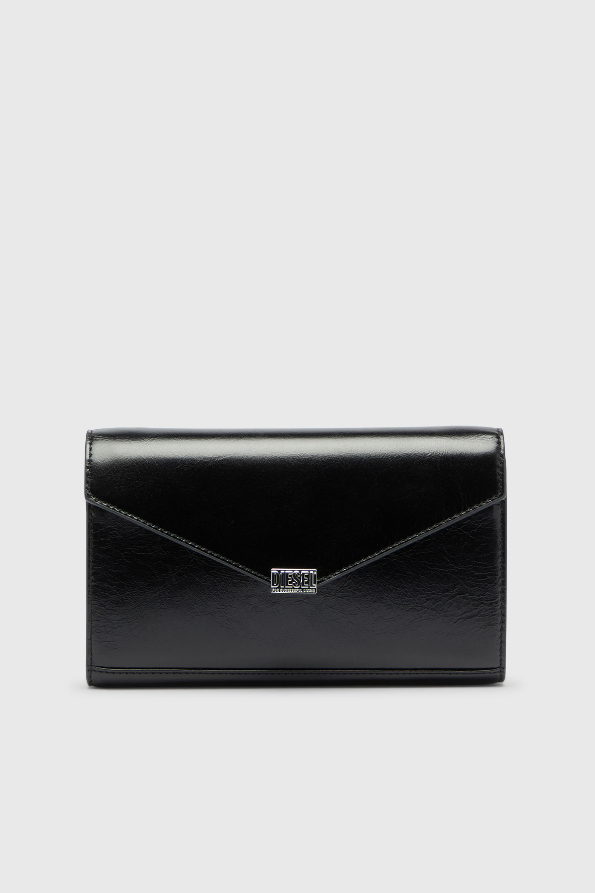 Diesel - D-ENVELOP WALLET ON CHAIN, Damen Geldb&ouml;rse aus gl&auml;nzendem, geknittertem Leder in Schwarz - 1