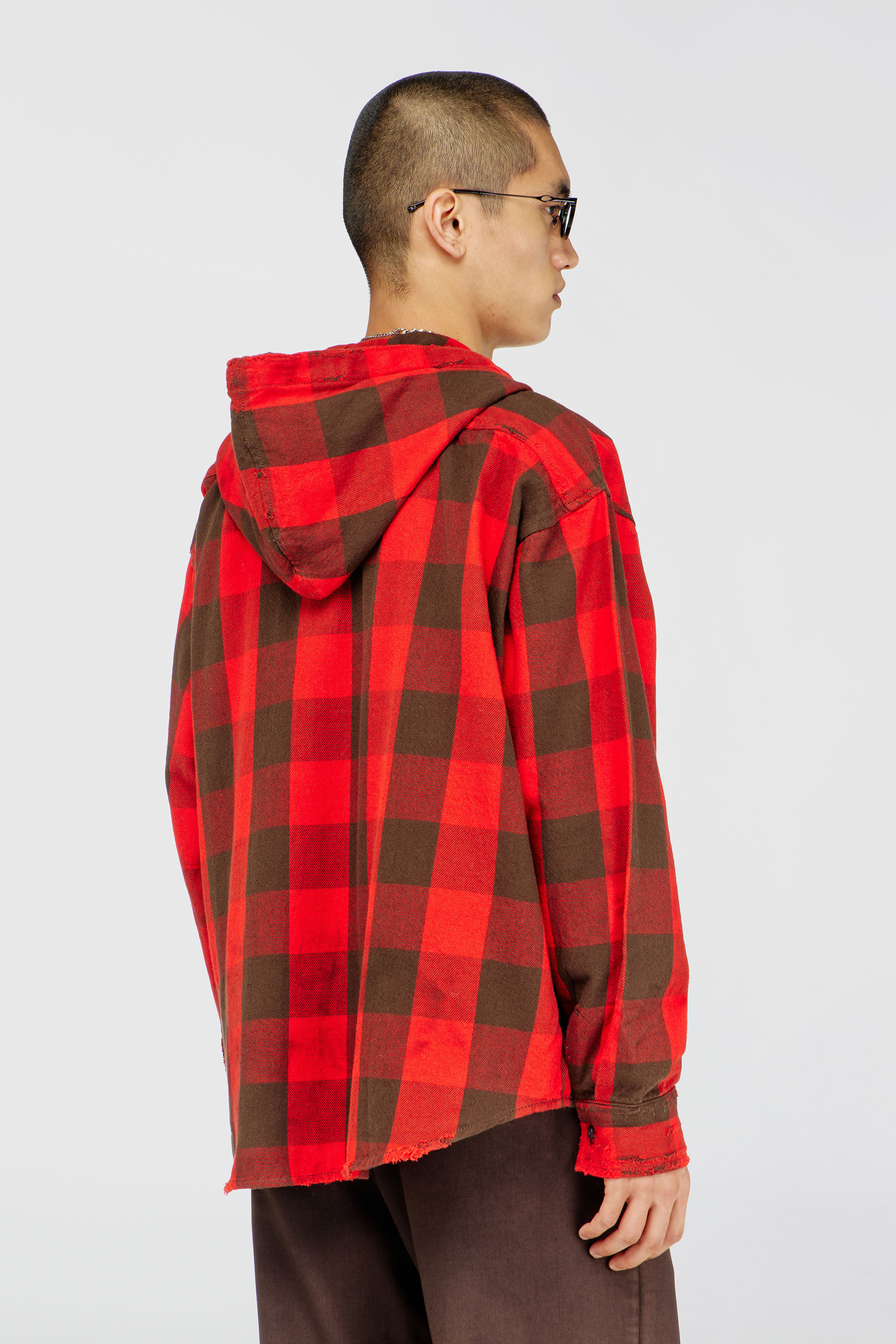 Diesel - S-DRUM-HOODY, Herren Kapuzenshirt aus distressed kariertem Flanell in Braun/Rot - 4