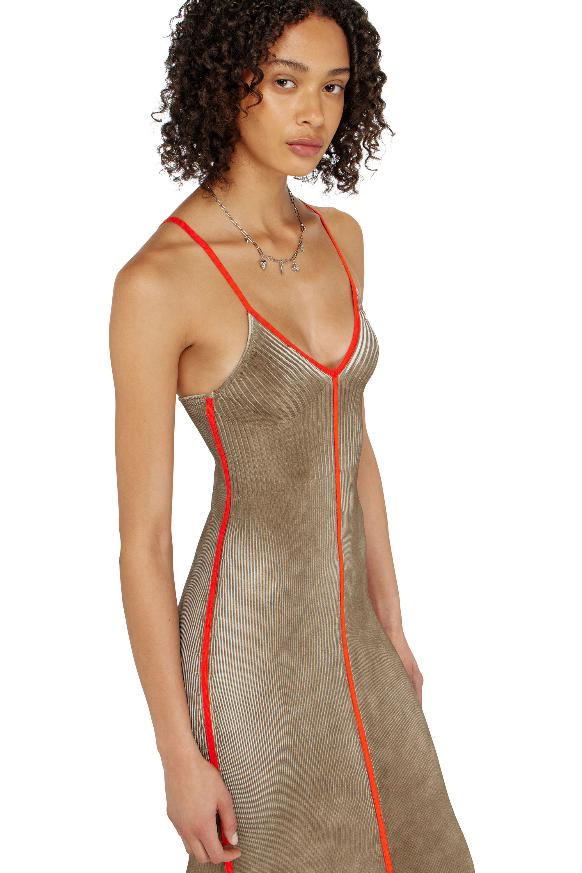 Diesel - M-SARMELA, Damen Rippenstrick-Midikleid mit kontrastierenden B&auml;ndern in Rot/Braun - 4