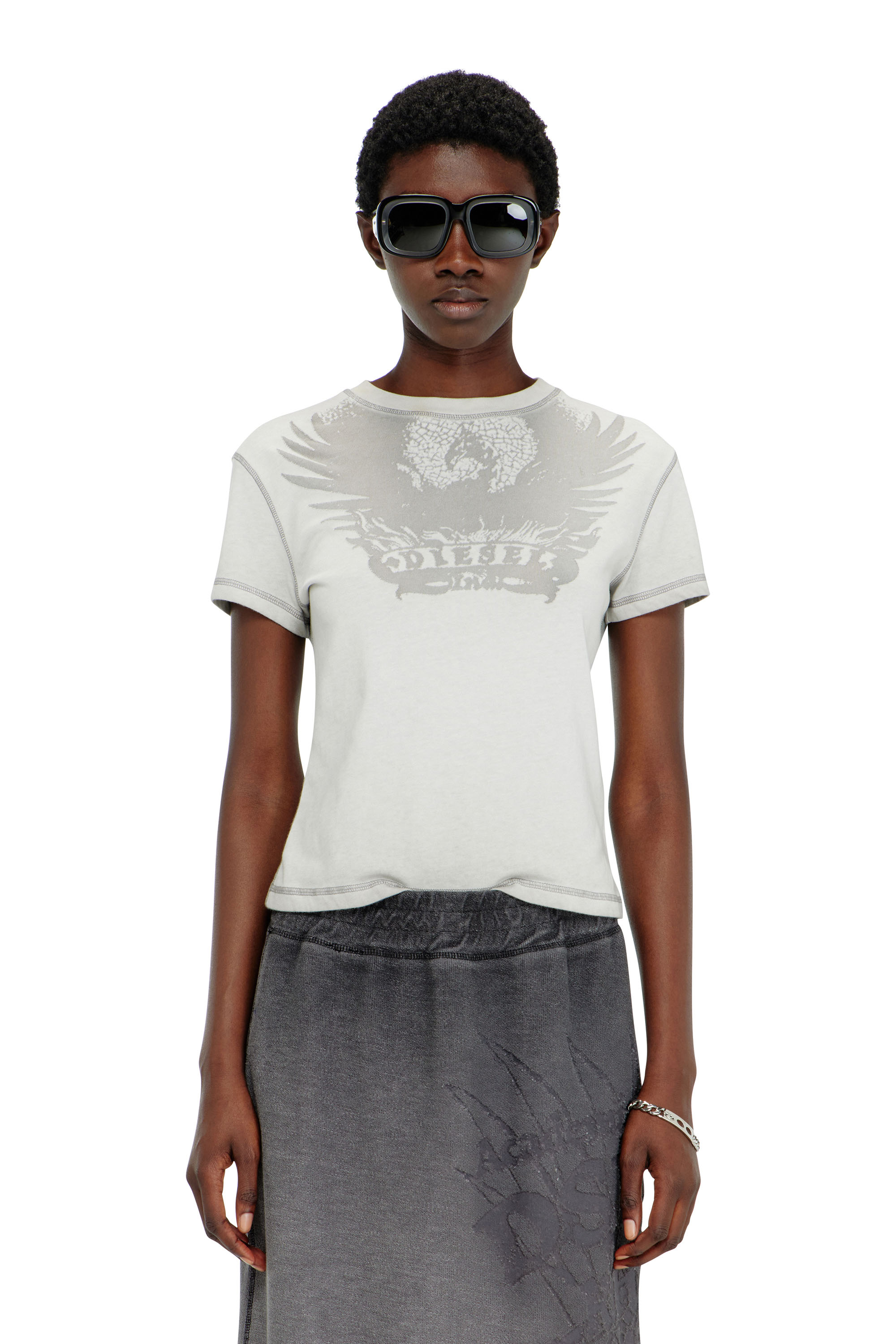 Diesel - O-BEAUTY, Damen Fleece-Midirock mit D&eacute;vor&eacute;-Print in Dunkelgrau - 2