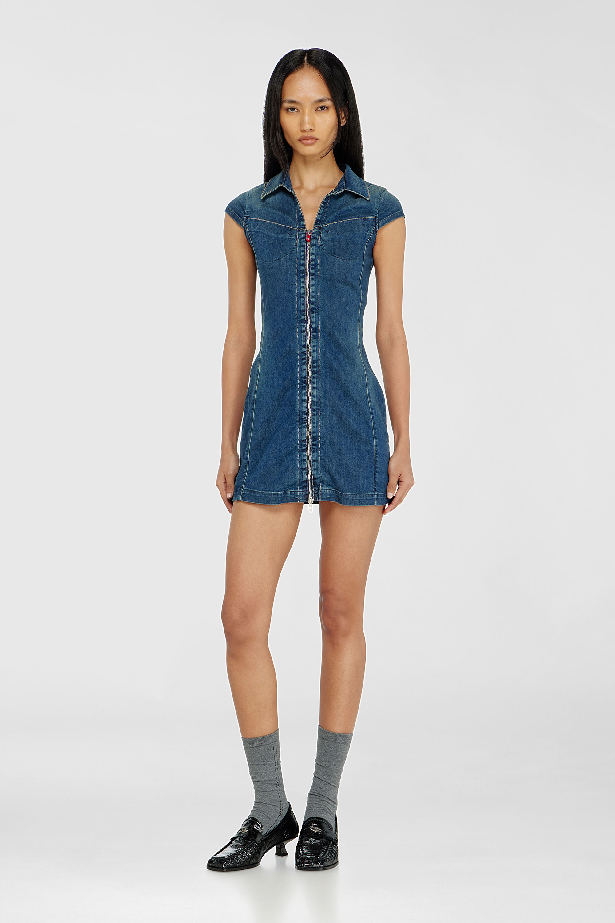 Diesel - DE-LORVYN-S, Damen Jeanshemdkleid mit durchgehendem zip in Mittelblau - 1