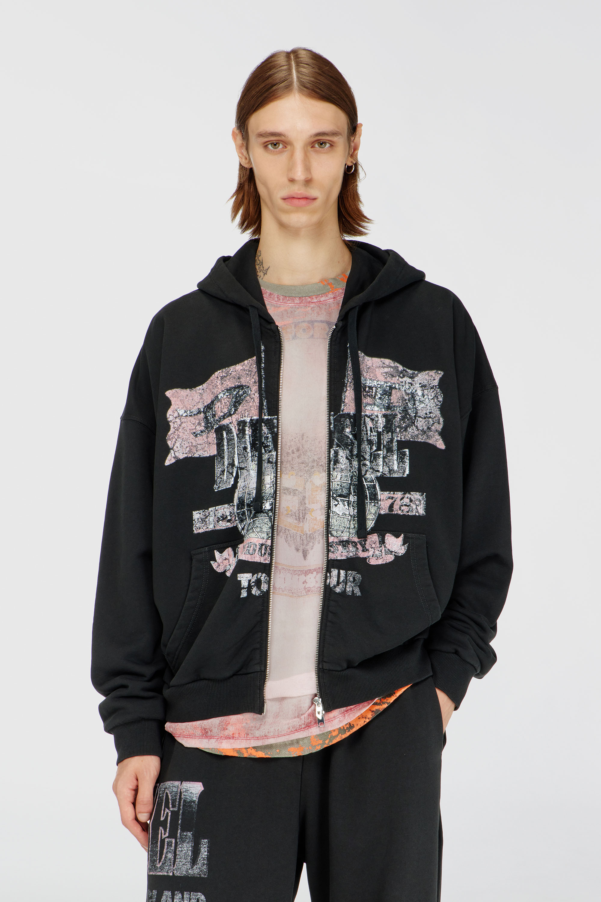 Diesel - S-WILL-ZIP, Herren Kapuzensweatjacke mit Konzertgrafiken und Rei&szlig;verschluss in Schwarz - 1
