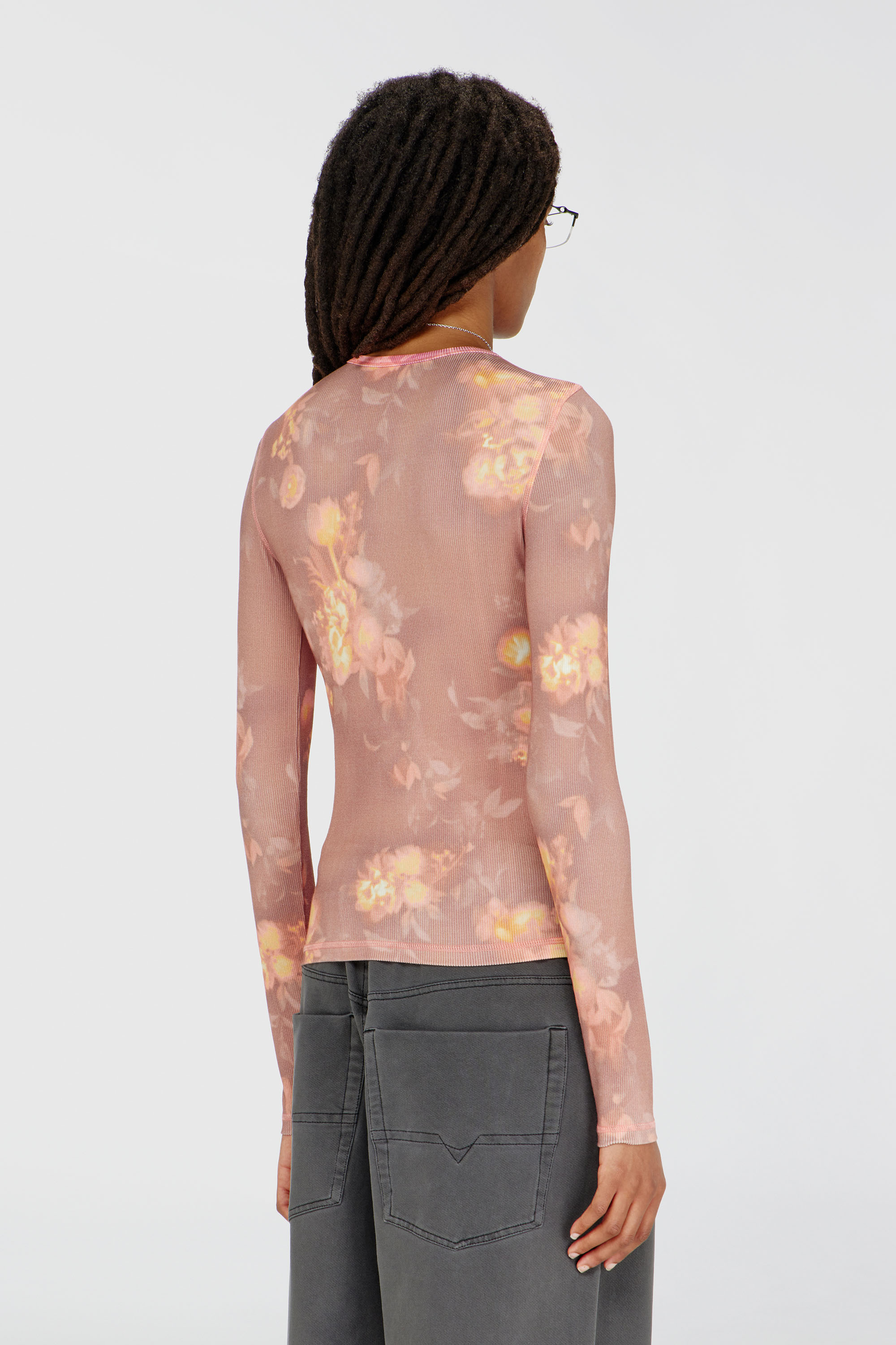 Diesel - T-MOKY-LS, Damen Top aus geripptem Jersey mit Blumenprint in Rosa - 4