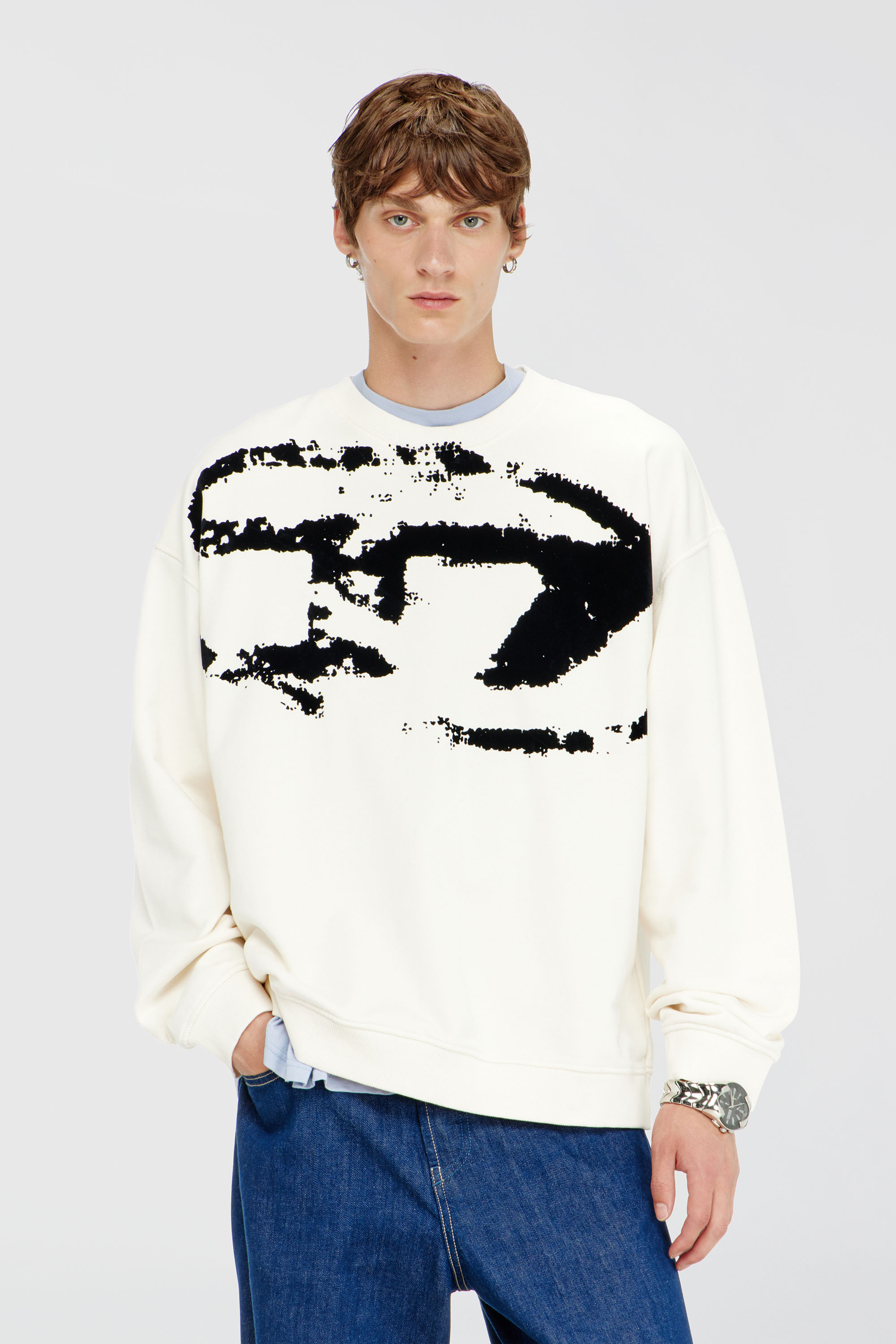 Diesel - S-BOXT-N5, Herren Baumwoll-Sweatshirt mit geflocktem Oval D in Schwarz/Weiss - 1