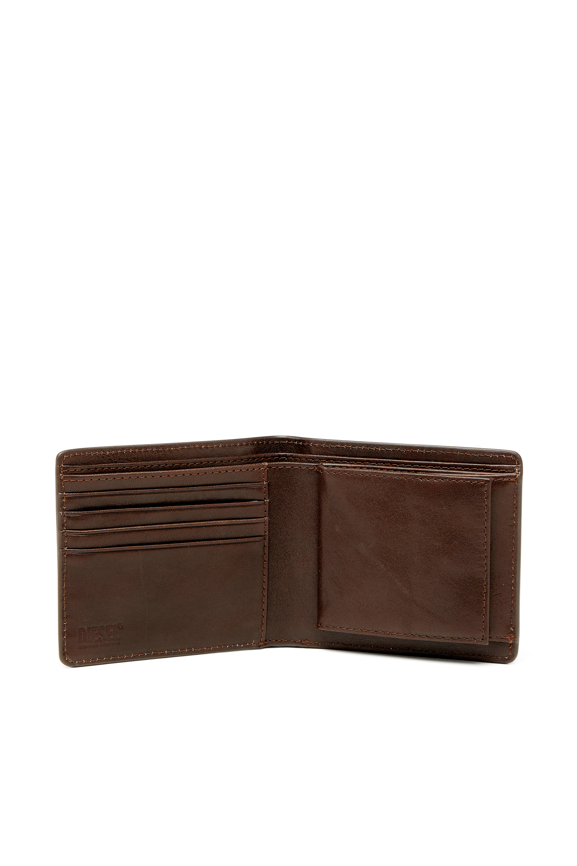 Diesel - FLAG-D BI-FOLD COIN S 3D, Herren Zweifach gefaltete Lederbrieftasche mit gepr&auml;gtem Logo in Braun - 3