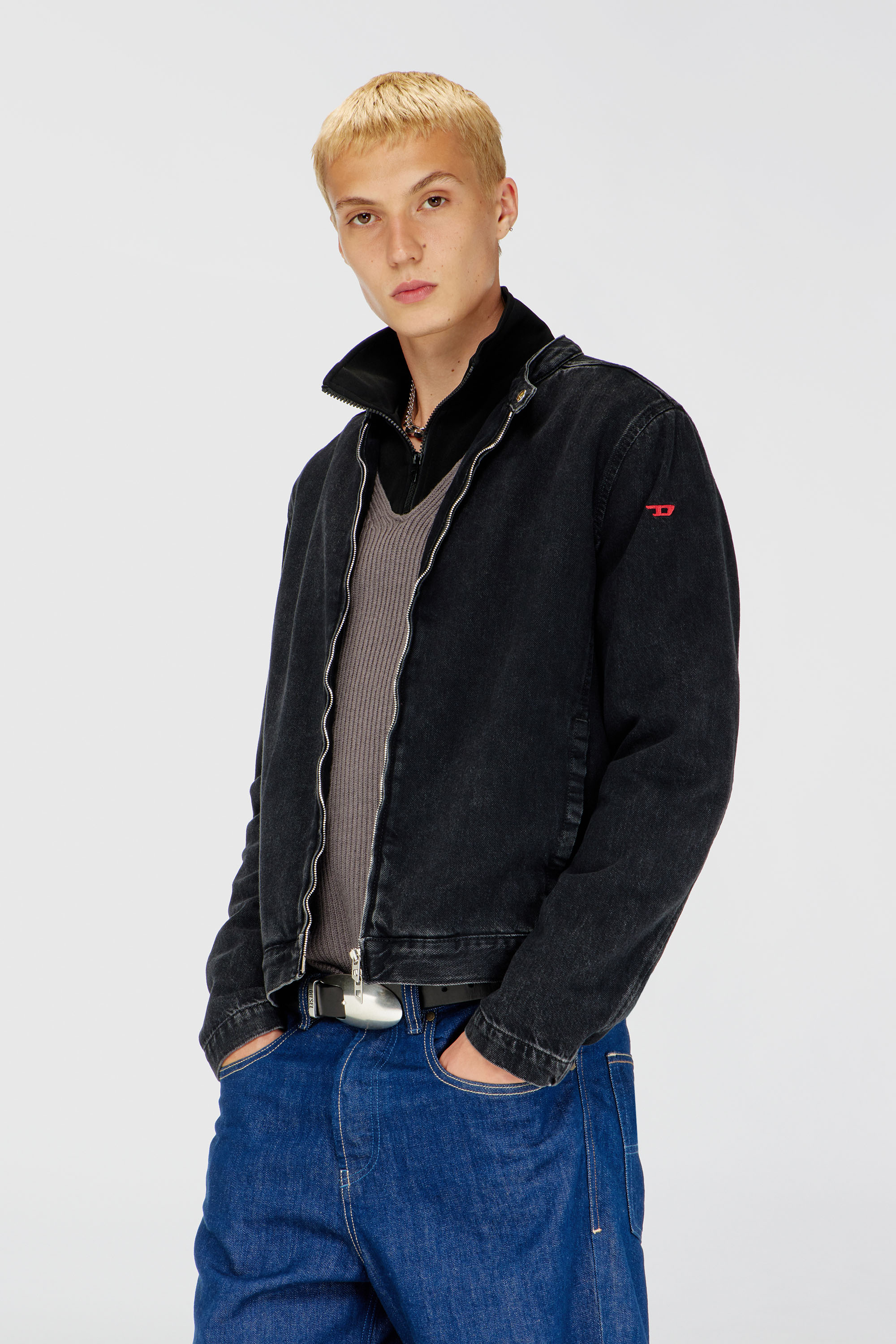 Diesel - D-GLORY, Herren Bikerjacke aus sauber gewaschenem Denim in Schwarz - 1