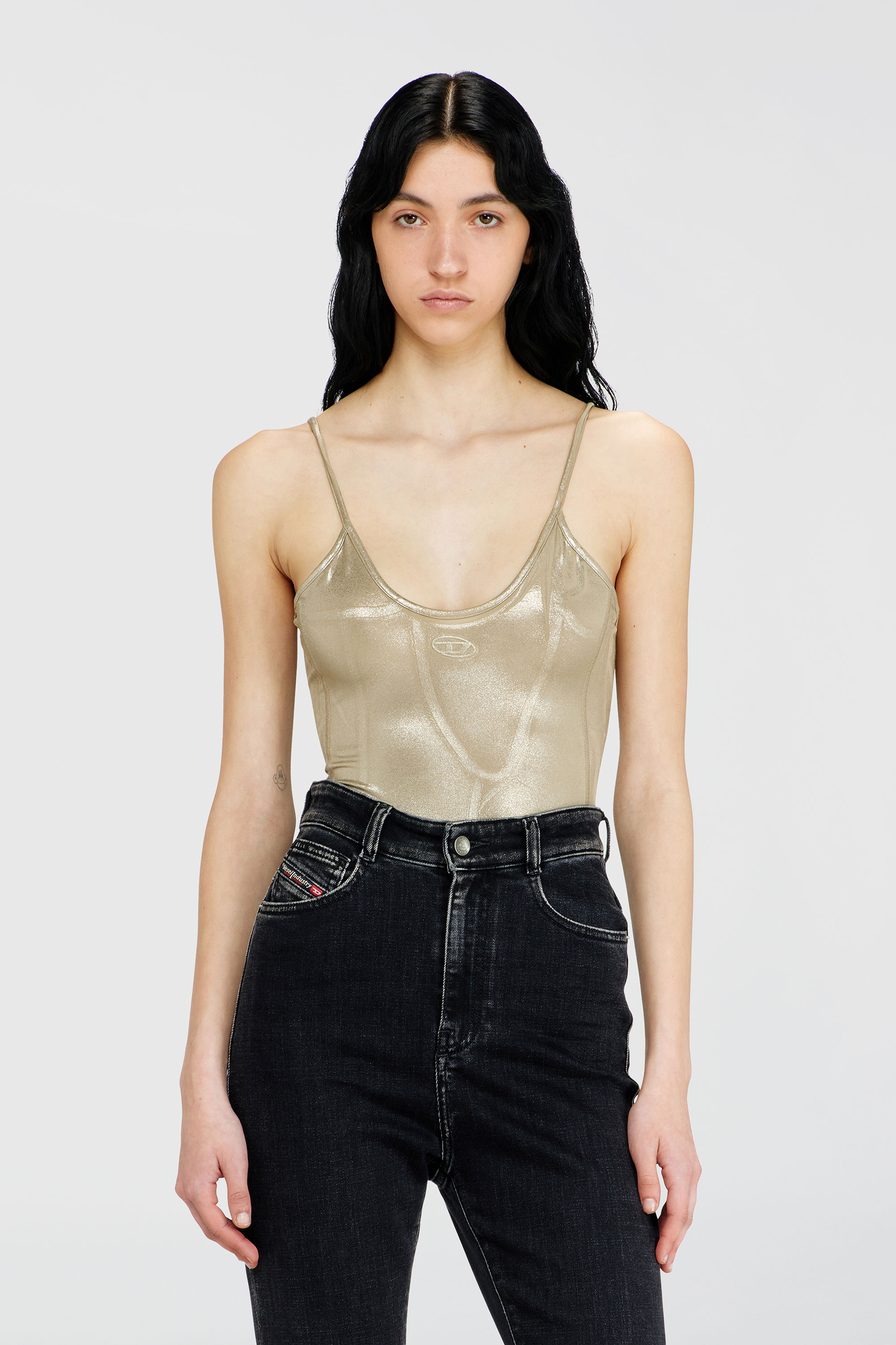 Diesel - T-IMYNY, Damen Gl&auml;nzender Jersey-Body mit Rundhalsausschnitt in Gold - 3