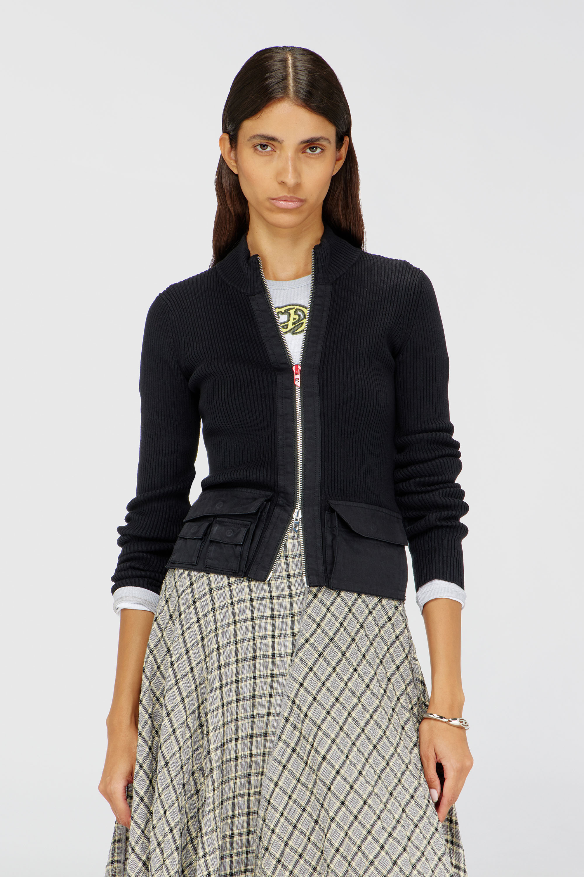 Diesel - M-MELISSA, Damen Geripptes Cardigan mit Cargotaschen in Schwarz - 1