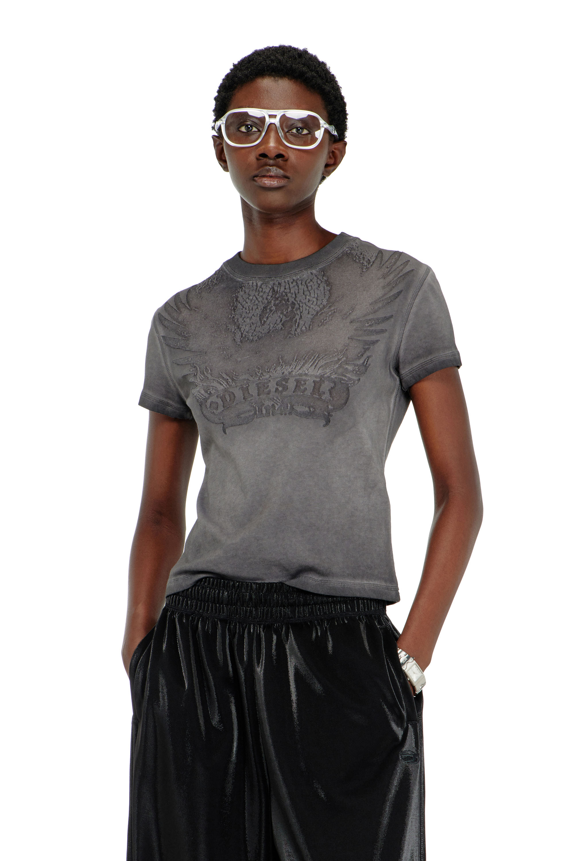 Diesel - T-ILA-AA7, Damen Slim T-shirt mit d&eacute;vor&eacute; Phoenix in Dunkelgrau - 1