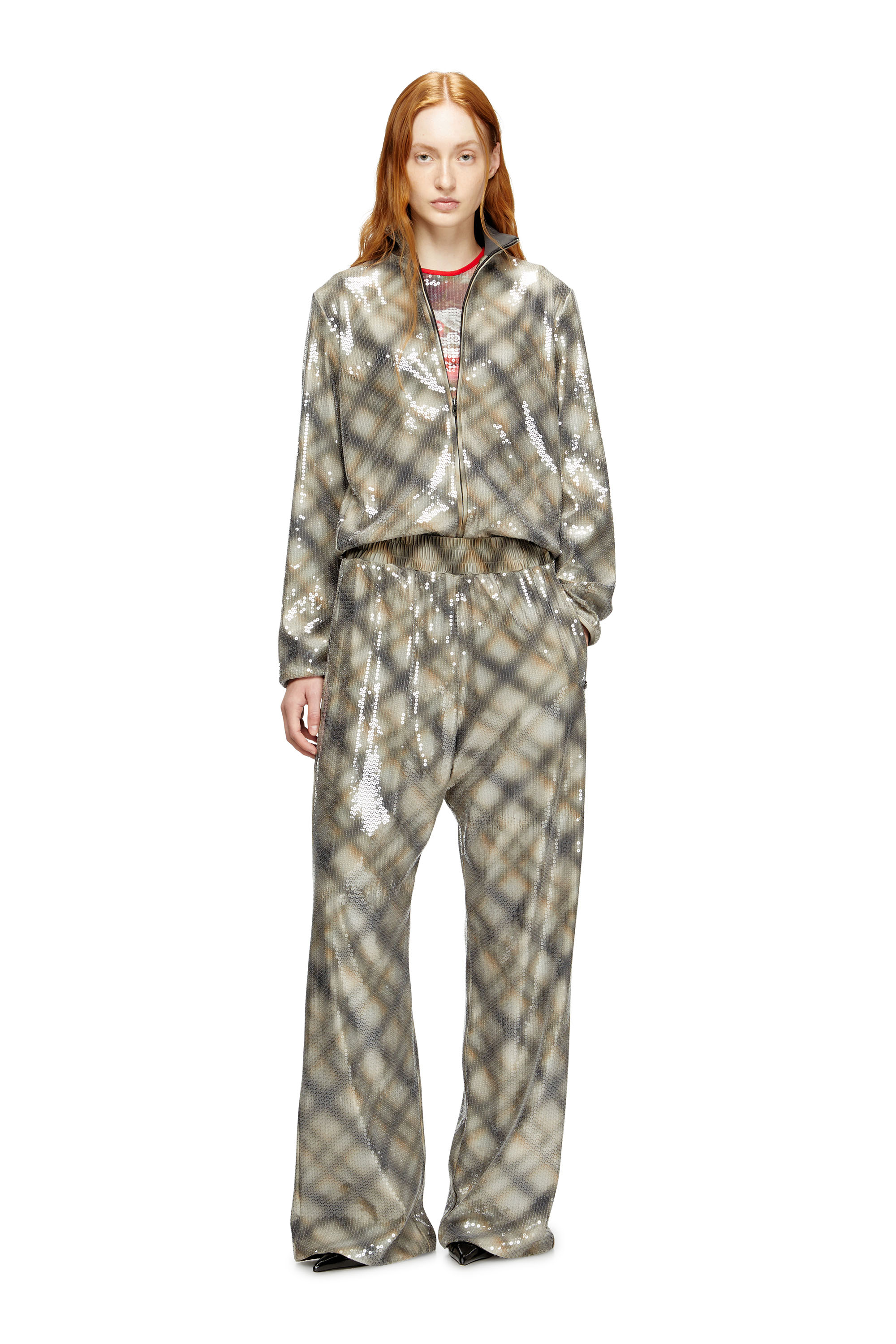 Diesel - F-EREQUINS, Damen Paillettensweater mit Karomuster in Beige/Grau - 1