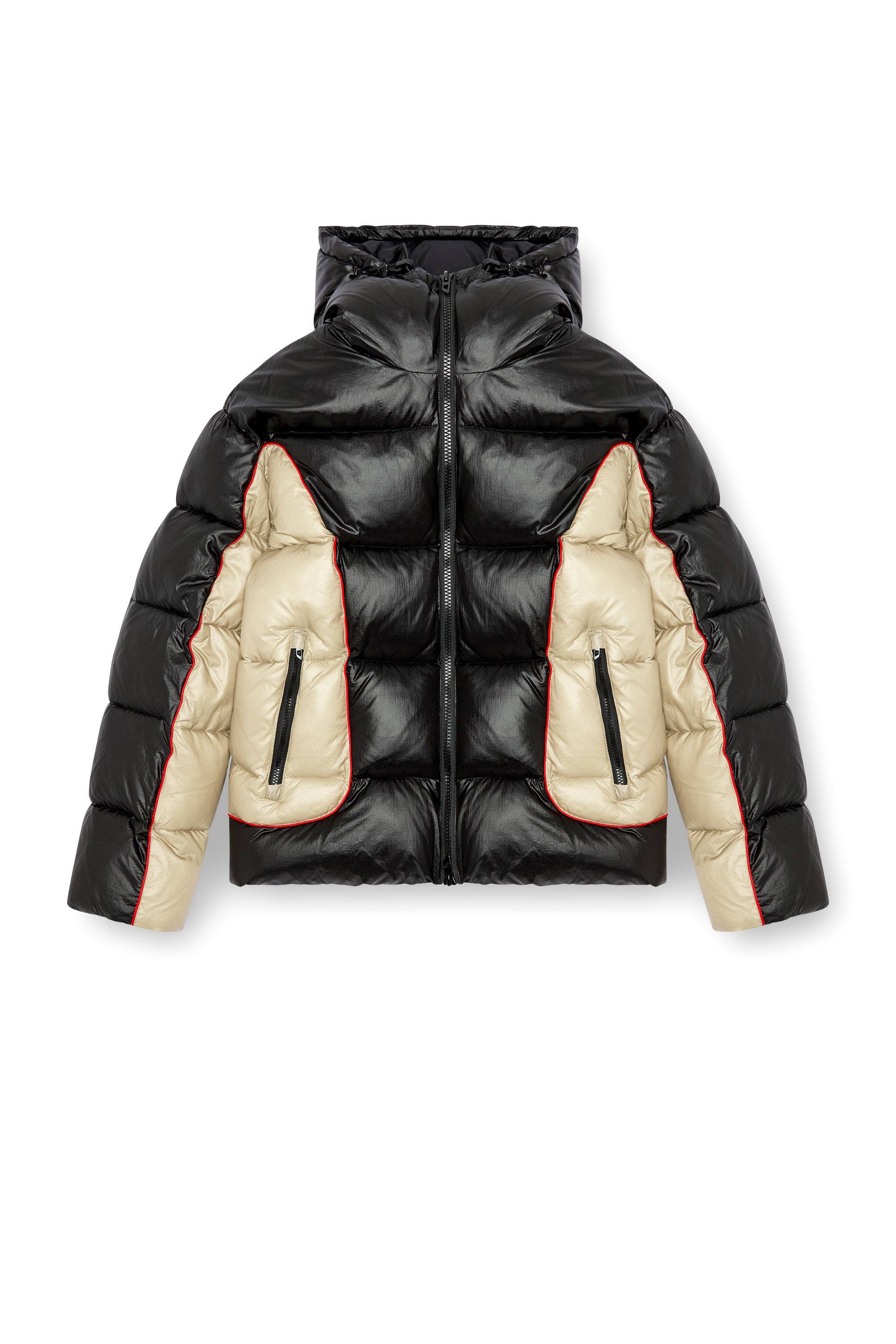 Diesel - W-OSTEND, Herren Pufferjacke mit Kapuze aus gl&auml;nzendem Ripstop in Schwarz/Beige - 3