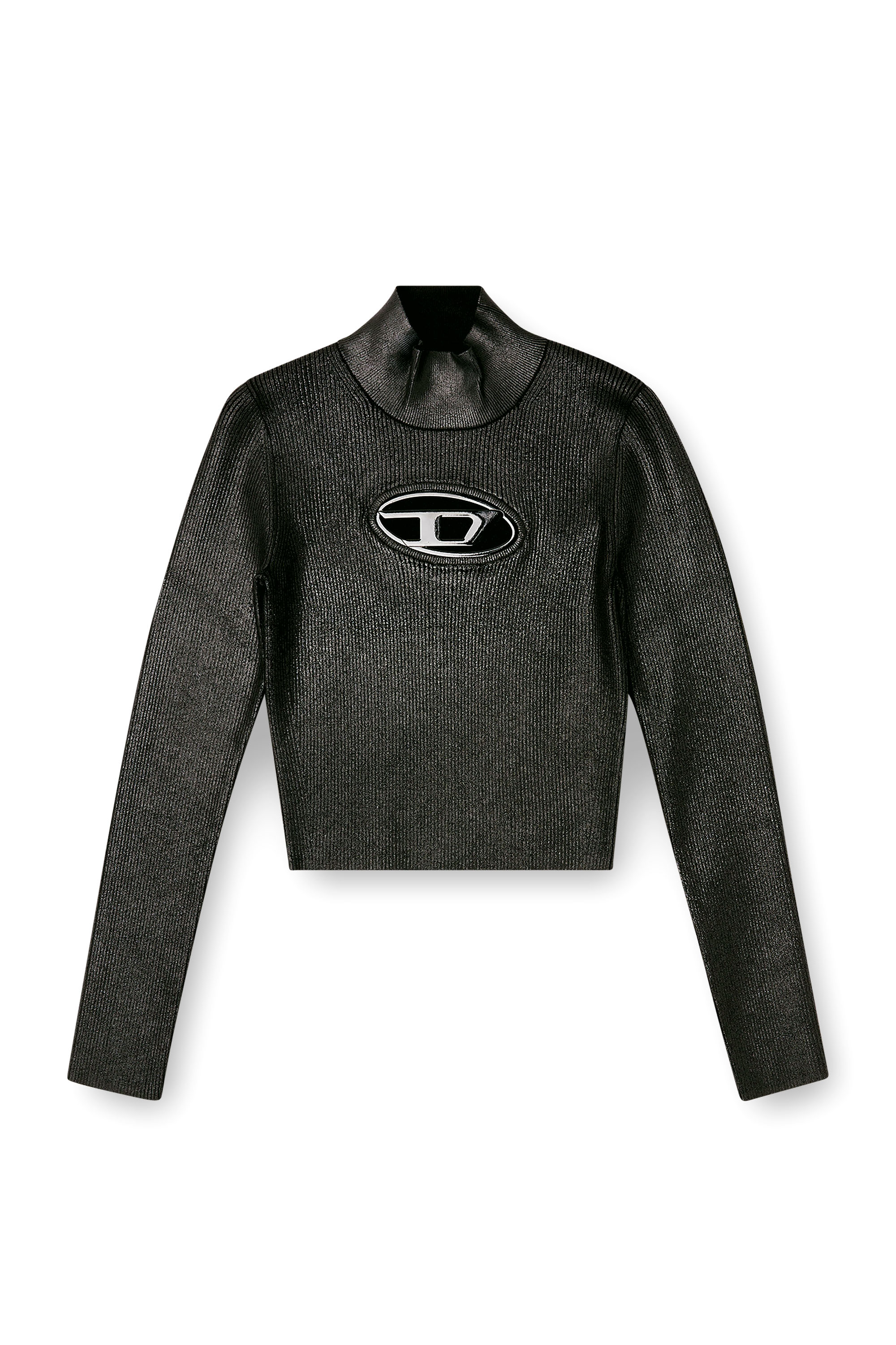 Diesel - M-VALARI-TN, Damen Rippenstrick-Rollkragenpullover mit Glanzeffekt in Schwarz/Silber - 2