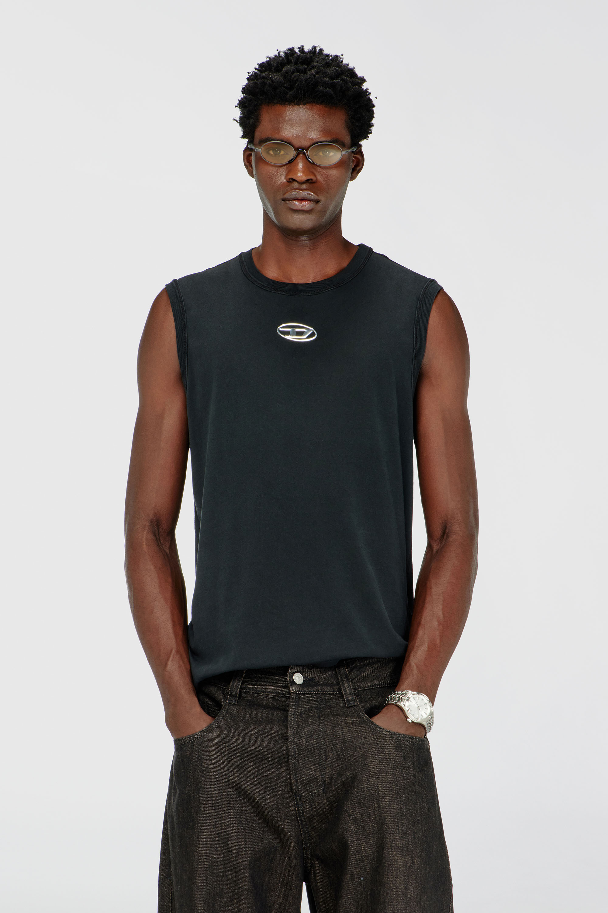 Diesel - T-BISCO-IOD, Herren Baumwoll-Tanktop mit ovalem D-Logo in Metallic-Optik in Schwarz - 1