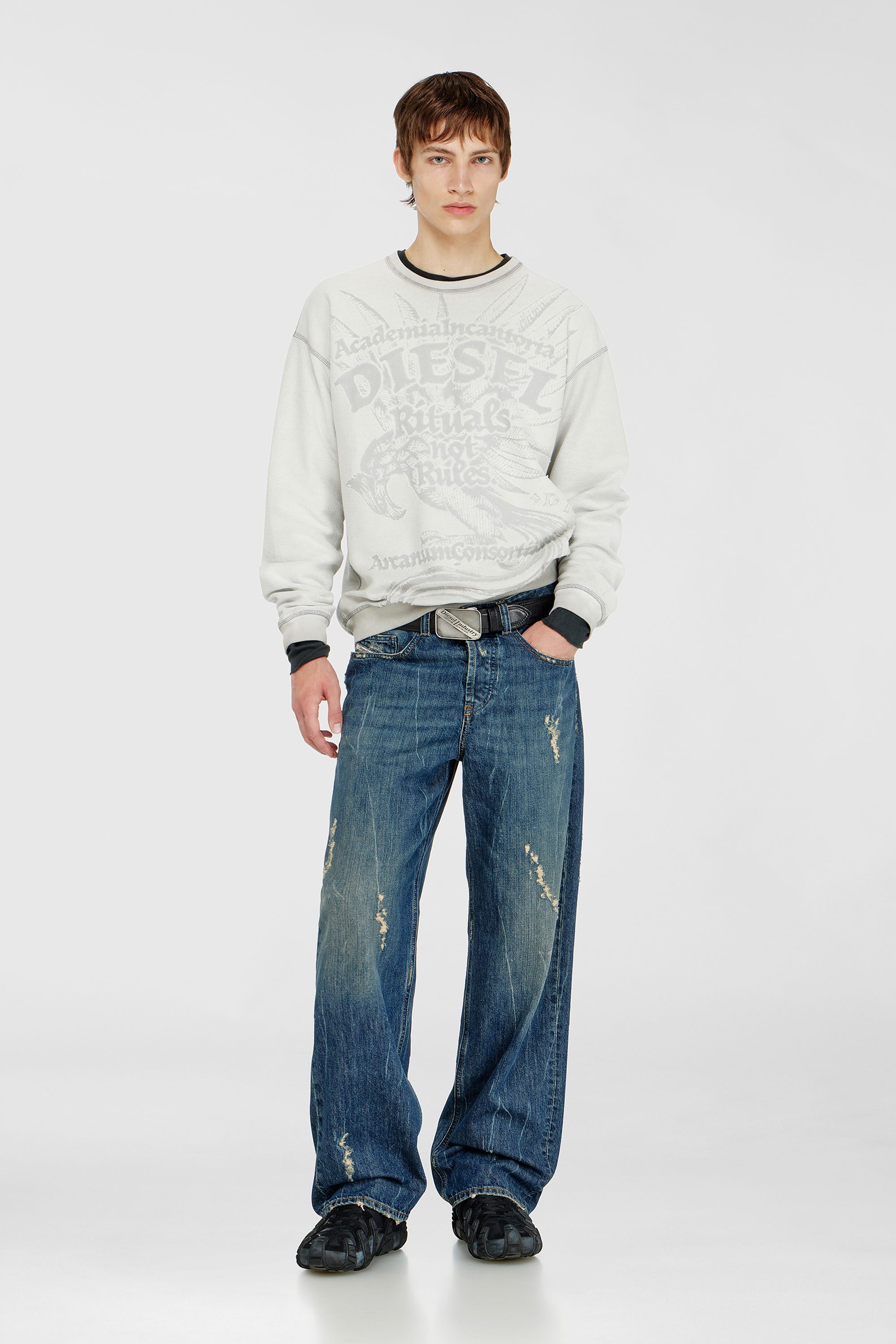 Diesel - S-ARON-RAW, Herren Sweatshirt mit d&eacute;vor&eacute;-Print in Hellgrau - 1