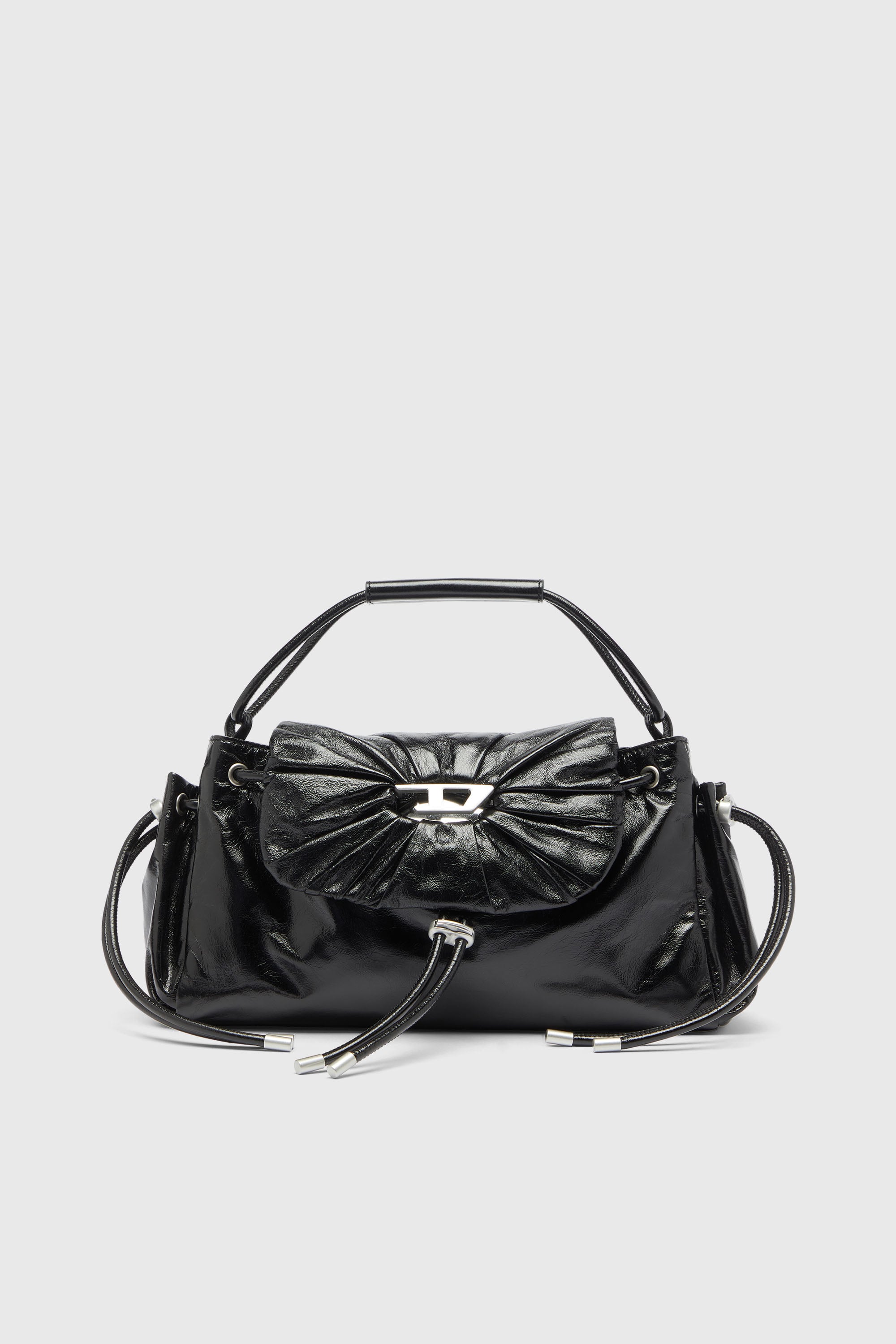 Diesel - SCRUNCH-D TOP HANDLE, Damen Scrunch-D - Top-Handle-Tasche aus gl&auml;nzendem Leder mit Falten in Schwarz - 1