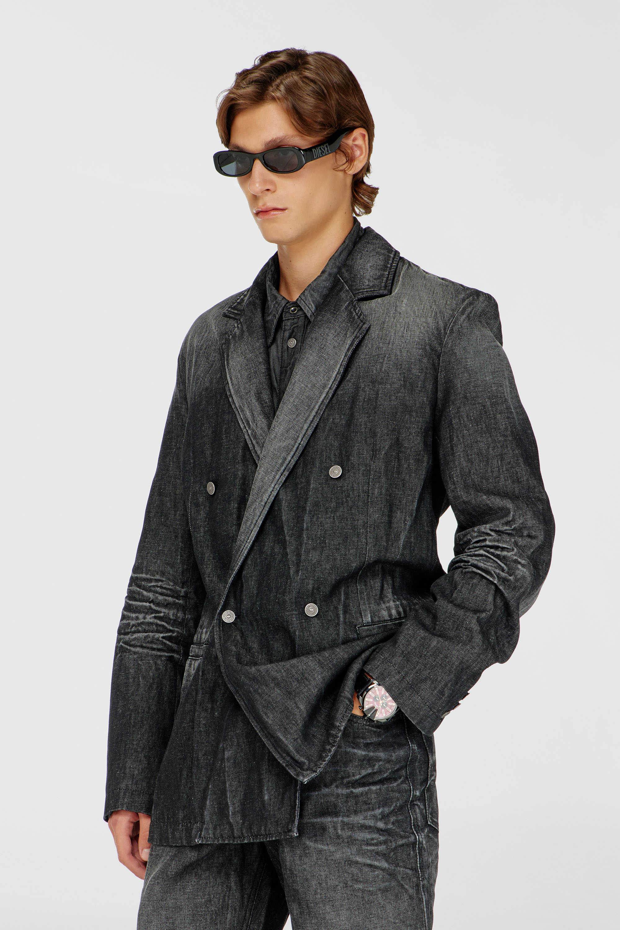 Diesel - D-KOT-FSJ, Herren Zweireihiger Blazer aus geknittertem Denim in Schwarz/Dunkelgrau - 1