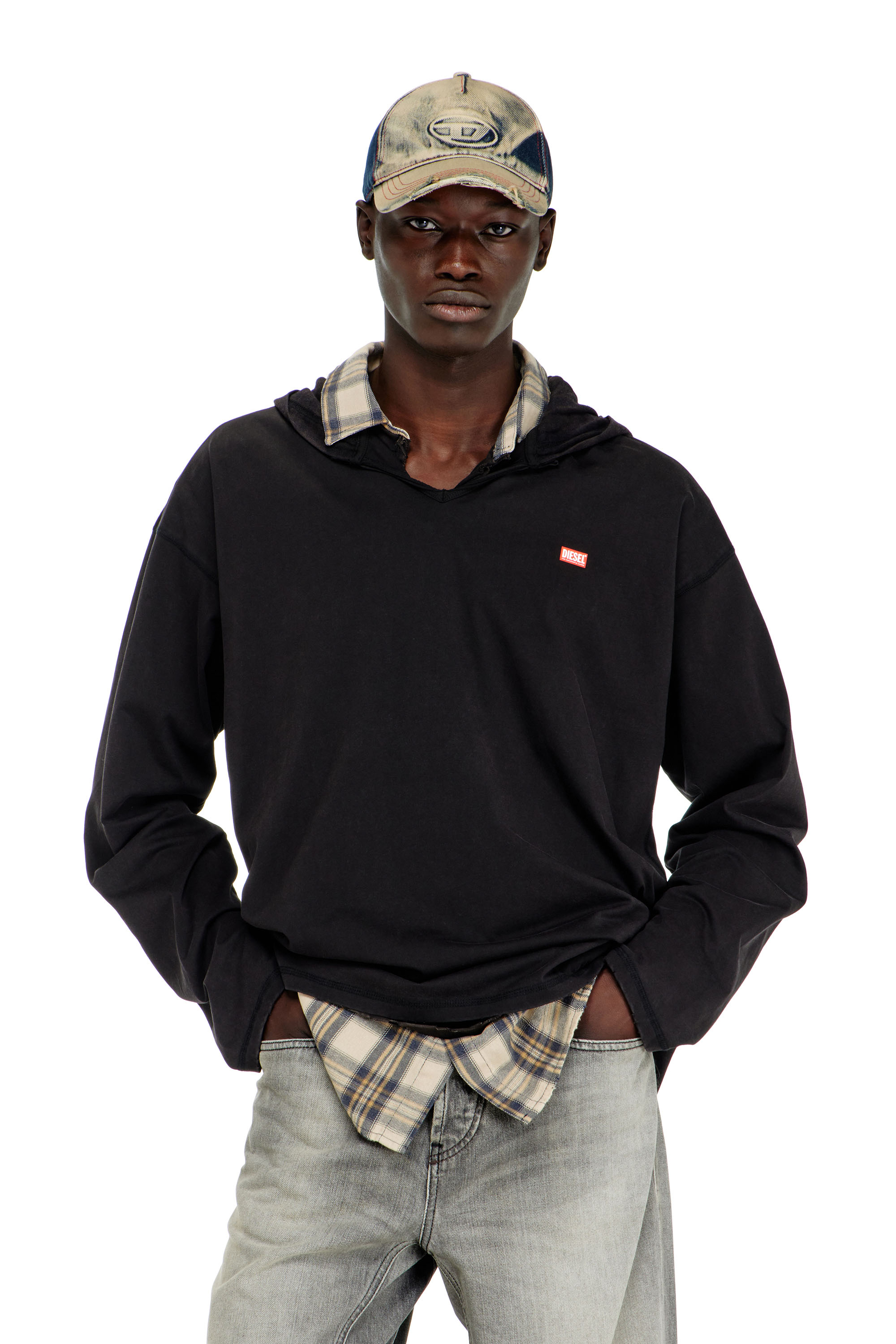Diesel - T-BOXT-LS-HOOD-CHECK, Herren Langarm-T-Shirt mit Flanell-Kapuze in Schwarz - 1