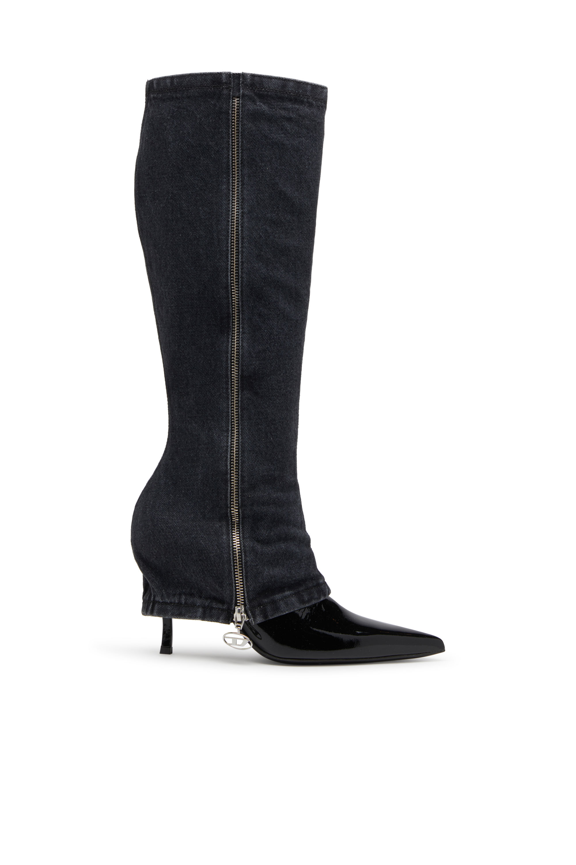 D-VENUS TWISTED BOOT, Schwarz Diesel - D-VENUS TWISTED BOOT, Damen D-Venus-Stiletto-Kniestiefel mit Jeans-Trompe l'œil in Schwarz - 1