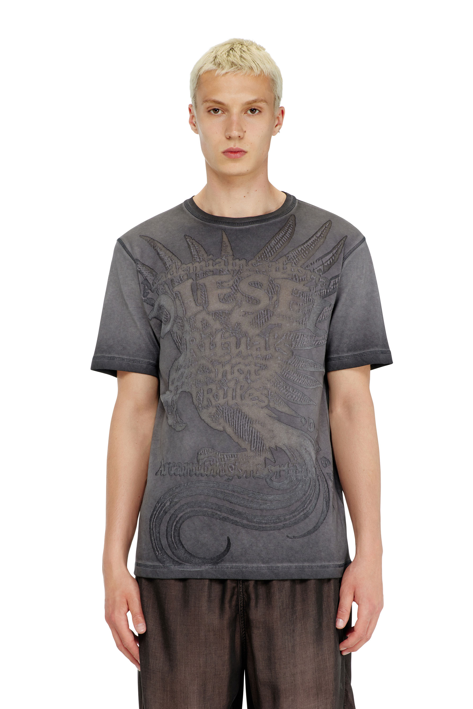Diesel - T-RAWJUST-AA1, Herren Jersey-T-Shirt mit gepr&auml;gtem Motiv in Dunkelgrau - 3