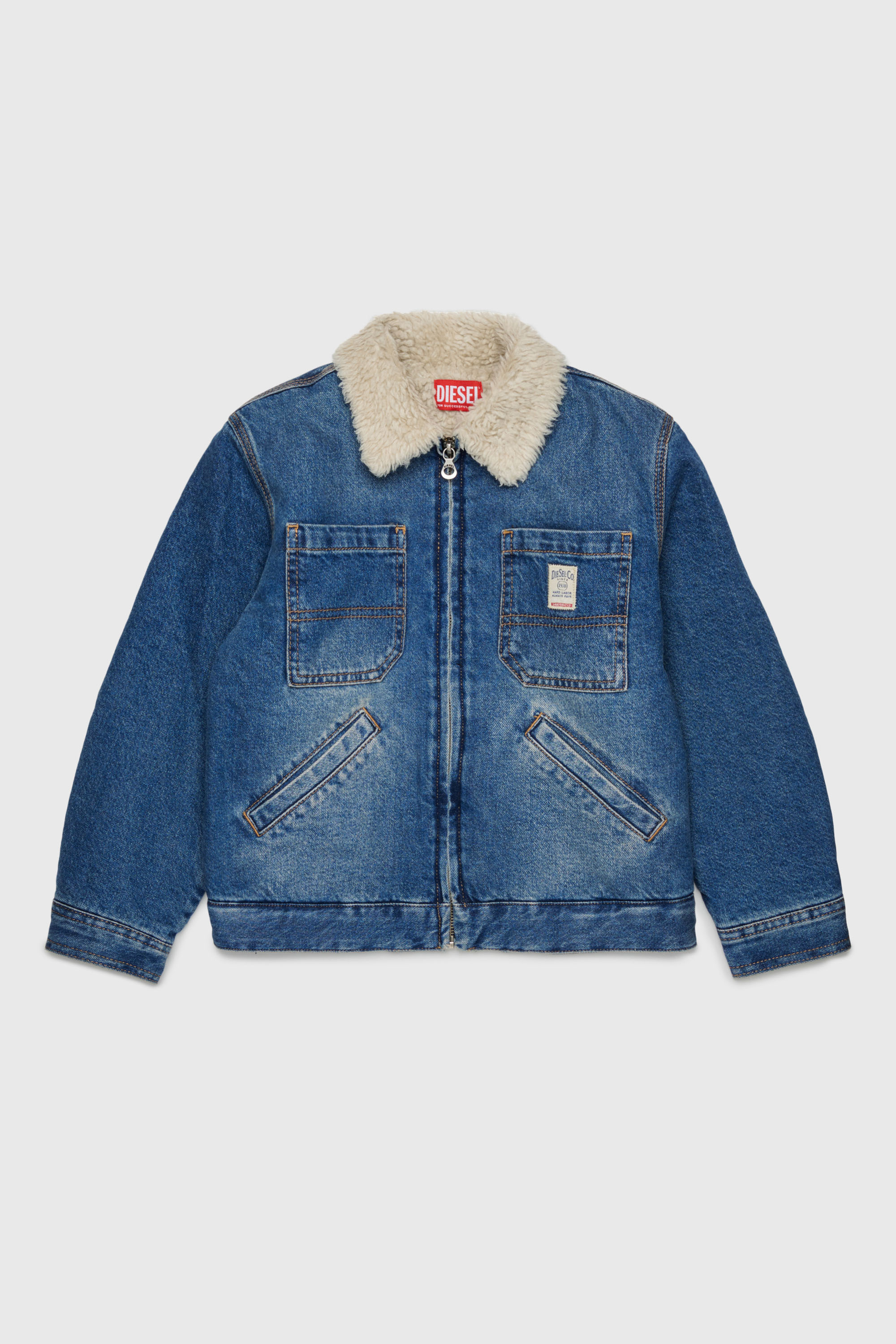 Diesel - JOMOX-FUR, Herren Denimjacke mit Teddyfleece-Kragen in Mittelblau - 1