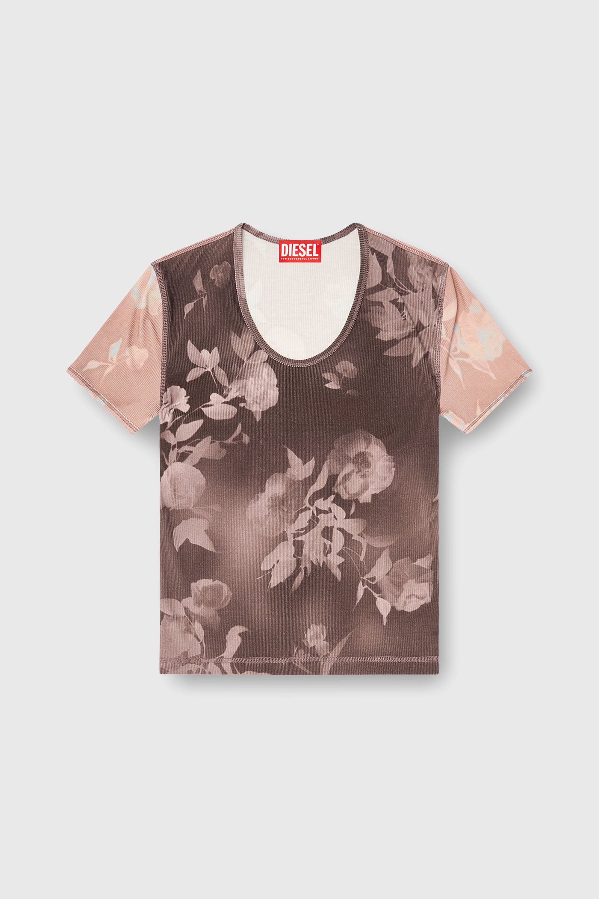 Diesel - T-ELENEWU, Damen Top aus geripptem Jersey mit Blumenprint in Braun/Rosa - 2