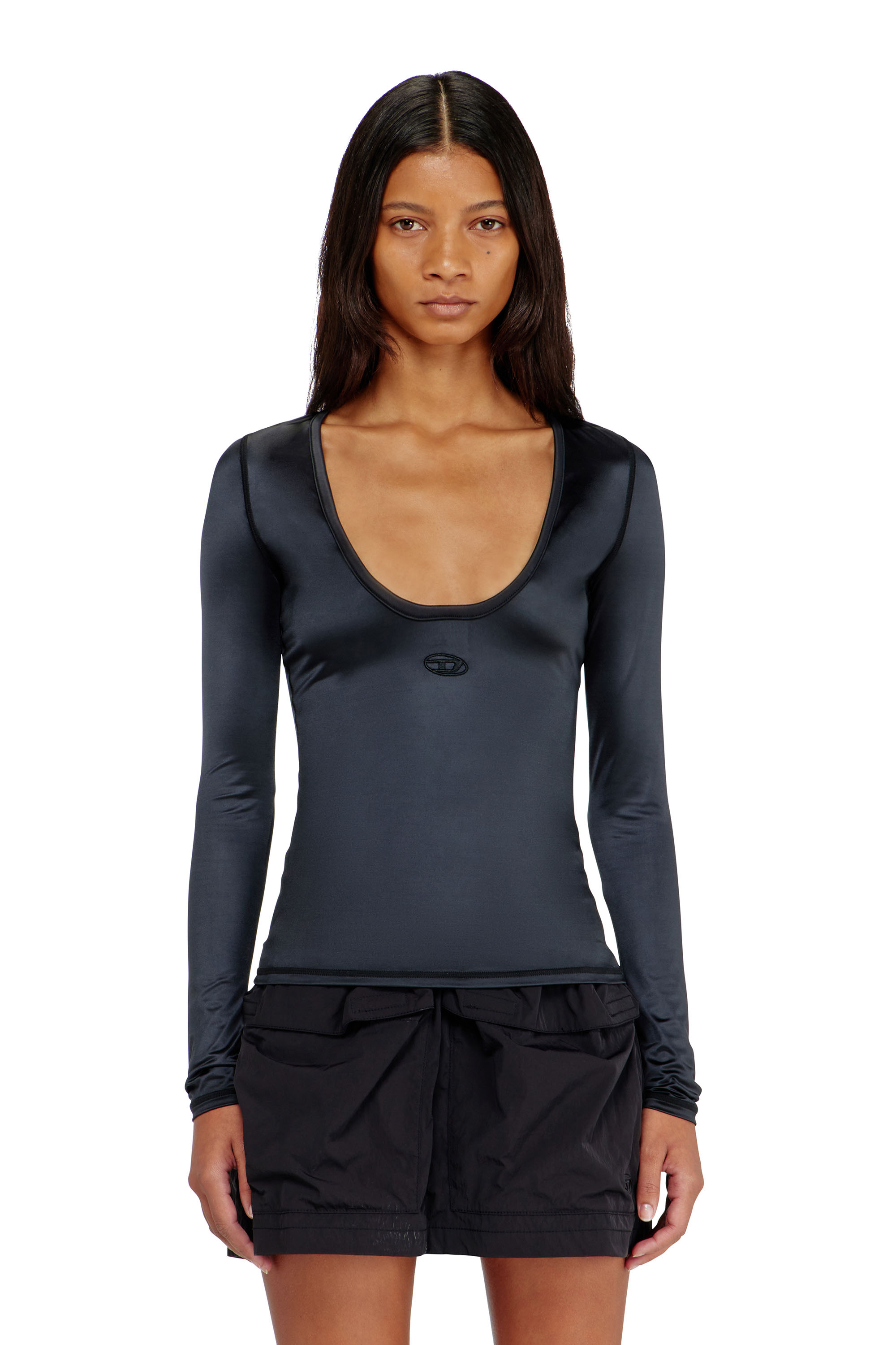 Diesel - T-ELPHIN-LS, Damen Nylon slim top mit Rundhalsausschnitt und Logo Oval D Stickerei in Schwarz - 1